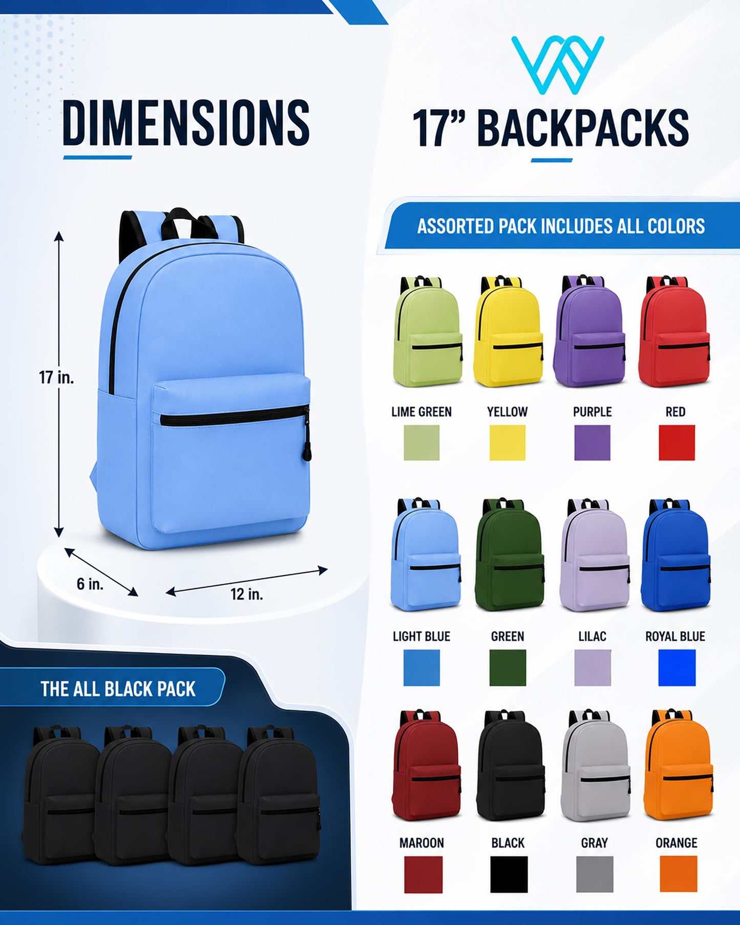 Winterlace 24 Pack Backpack, Bulk 17 inch Lightweight Outdoor Travel Gym Corporate Events Bag (Assorted)