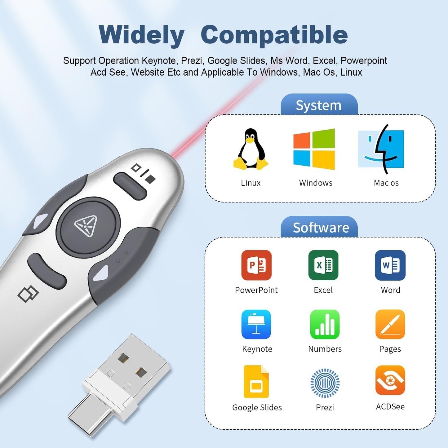 QUI Presentation Clicker Wireless Presenter Remote Clicker for PowerPoint Presentation Remote, PowerPoint Slide Advancer for Mac/Windows/Google Slide/Keynote, Silver, A-C