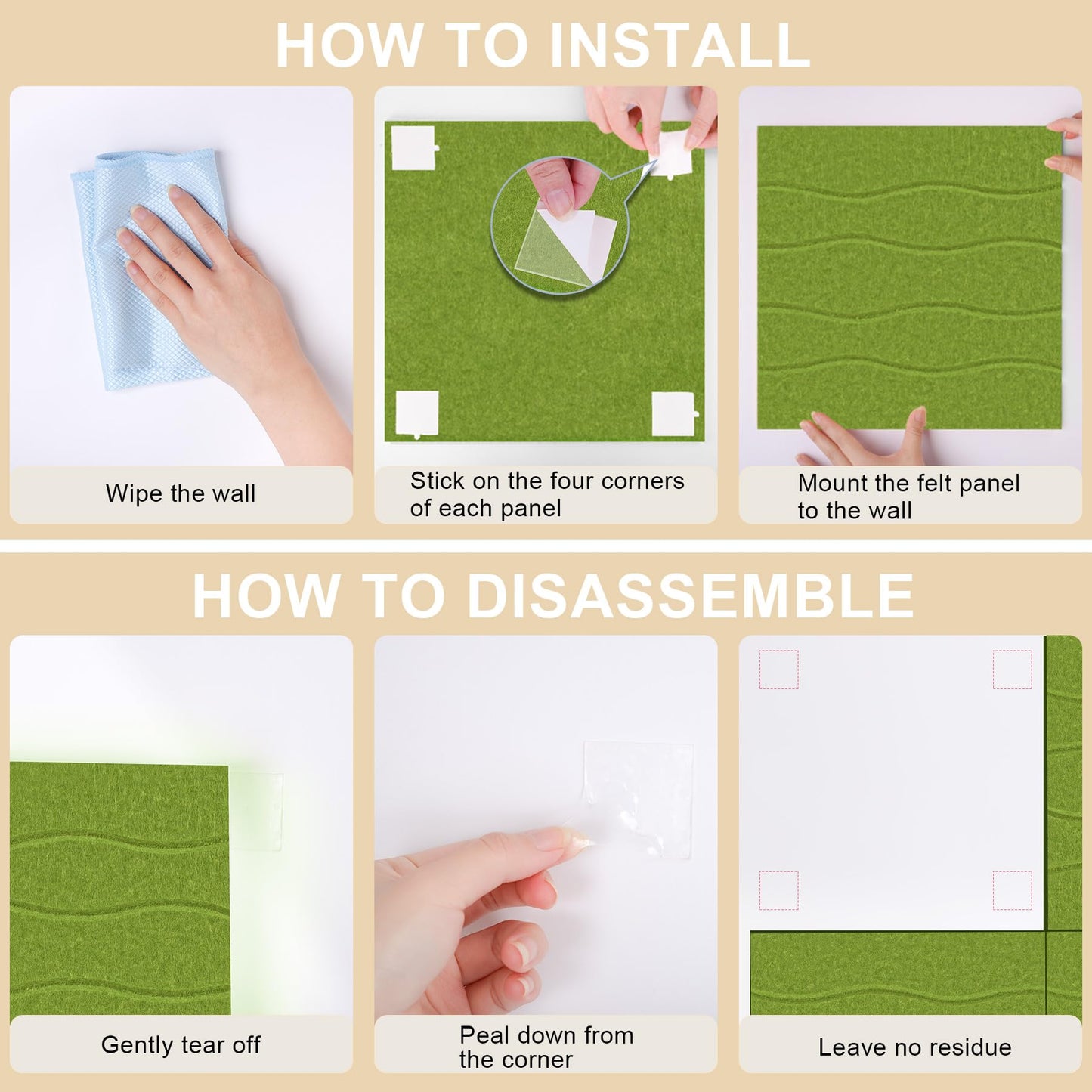 AKONEGE Felt Bulletin Board Tiles 12 Pack, 48" x 36" Cork Board Alternative, DIY Pin Board Wall Tiles for Photo Wall, Vision Board, Room & Home Office Decor, Stick-On with Adhesive Tabs, Forest Green