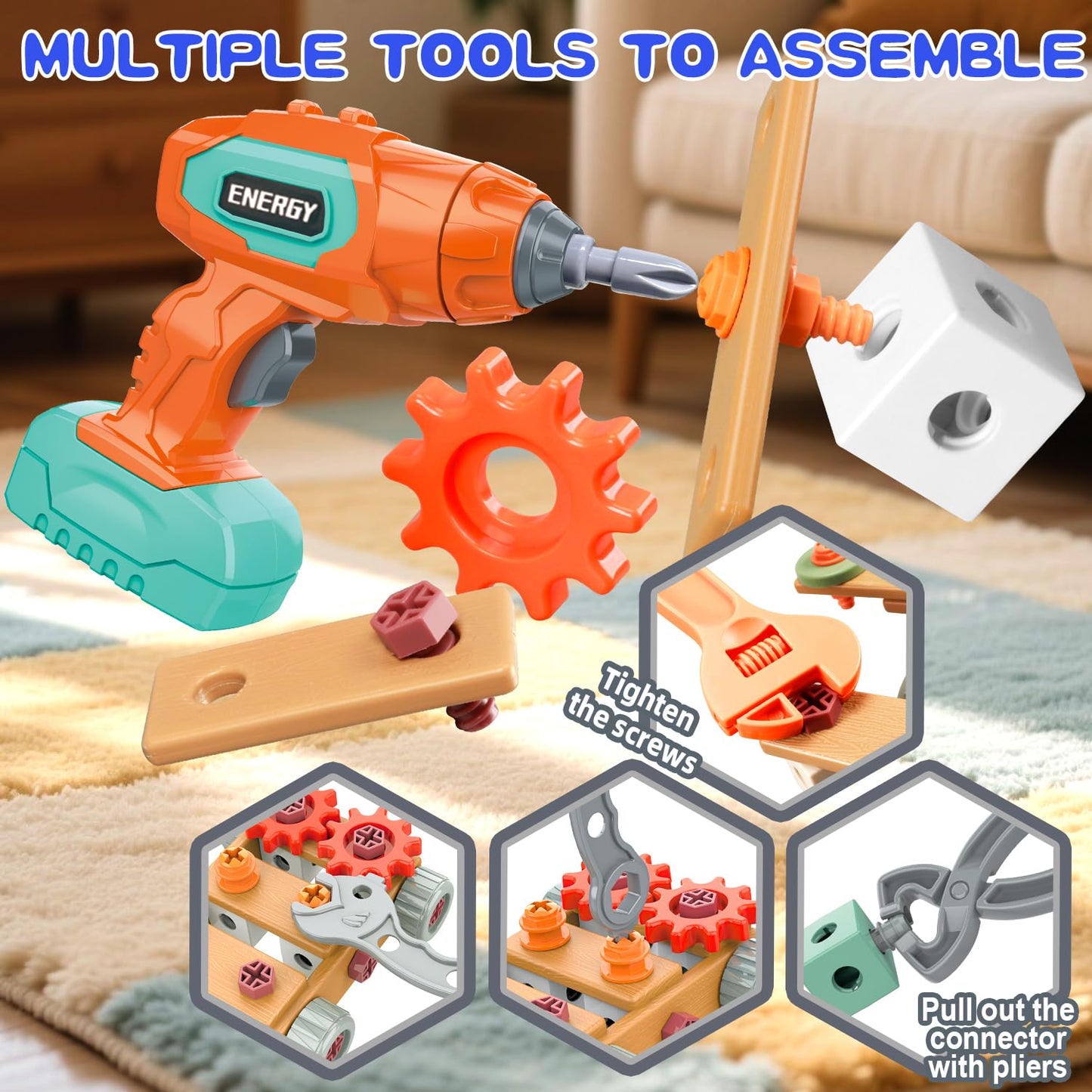 Design and Drill Toy - Toddler Tool Set with Drill & Toolbox, Create And Design Drill Kit Stem Toys for Kids Ages 3-6, Toddler Building Educational Construction Toy for 3-6 Year Old Girl (WOOD COLOR)