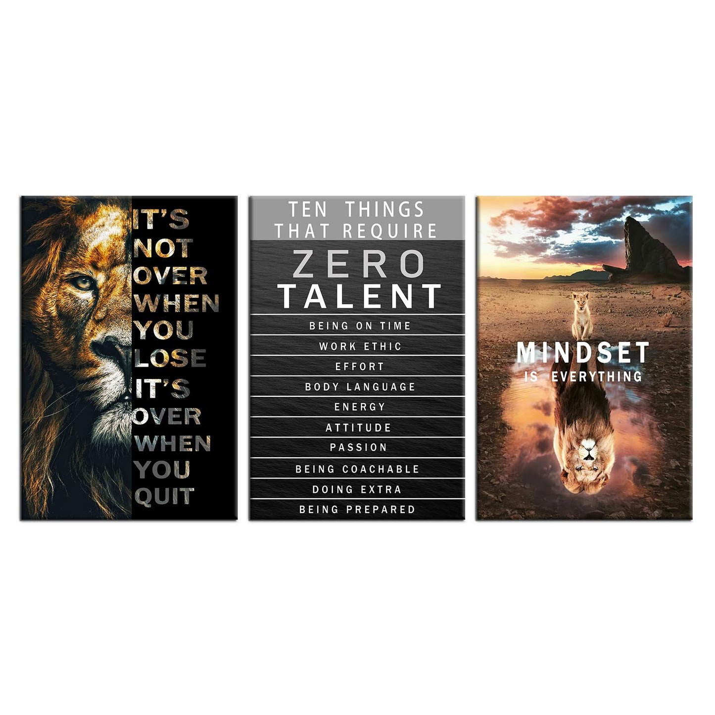 Lion Motivational Wall Decor Inspirational Quotes Wall Art Canvas Zero Talent Poster Print 3 Panel Animal Picture Artwork for Living Room Bedroom Office Home Decor Framed Ready to Hang [48''Wx 24''H]