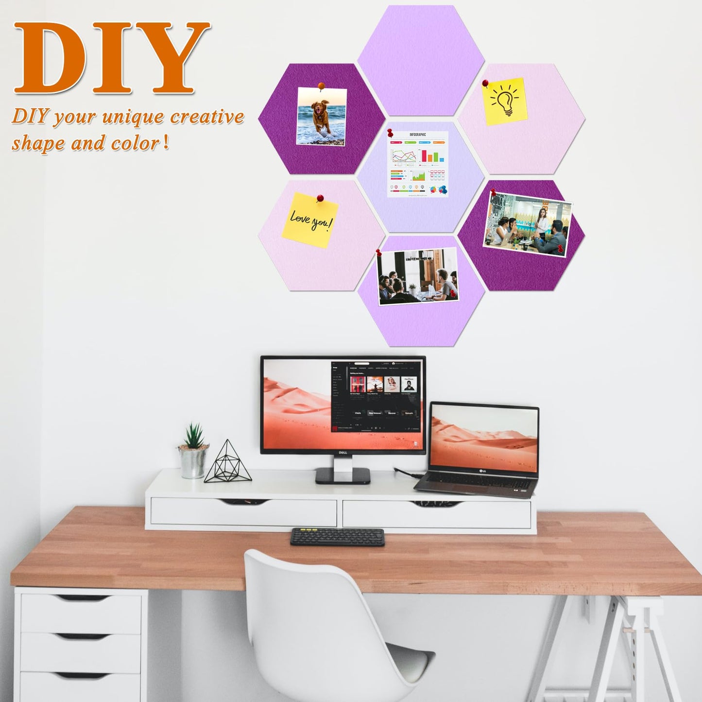 HULAVO Large Hexagon Felt Cork Board Tiles, Self Adhesive DIY Felt Bulletin Board Pin Board with 35 Pushpins for Office School Home Wall Decor Stickers Memos Photos Display(Purple+Pink)