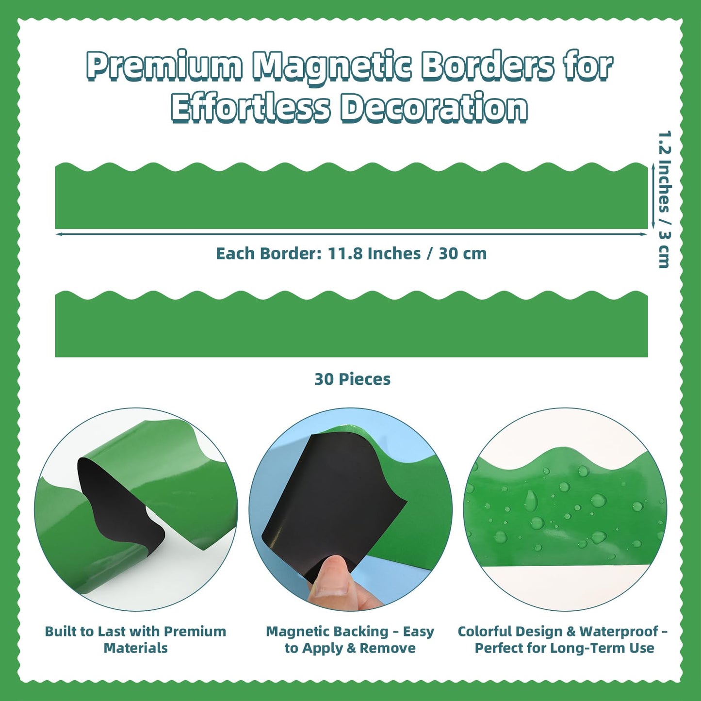 30 Pcs Magnetic Borders for Classroom Whiteboard - Green Magnetic Bulletin Board Border Set - Scalloped Chalkboard Border Strips for Teachers, Parents, DIY Home,School & Office Decoration
