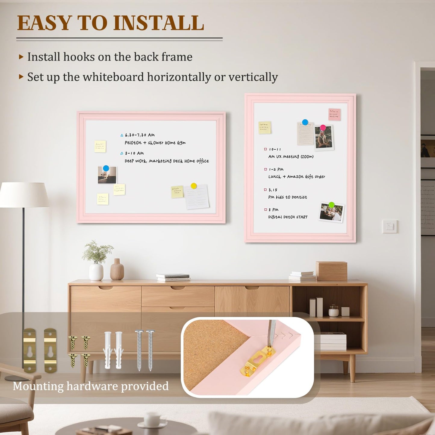 QUEENLINK White Board for Wall, 24'' x 18'' Magnetic Dry Erase Board, Decorative Whiteboard with Pink Wooden Frame, Hanging Writing Board for Home Office School Dorm