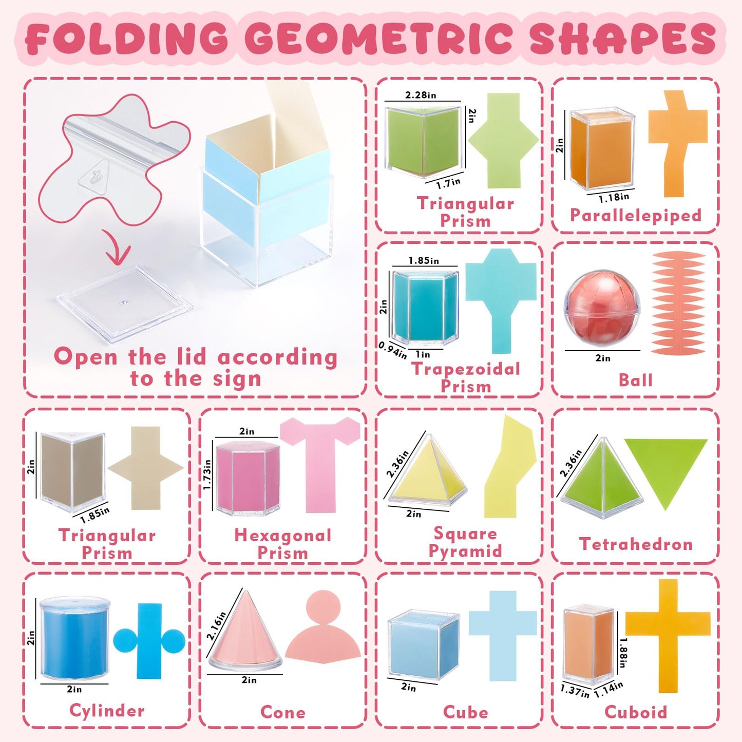 Faccito Geometric Solids 3D Shapes & 2D Folding Nets Folding Shapes Early Math Multicolored Blocks Manipulatives and Geometry Set for Classroom Homeschool Math Teacher Supplies(12 Styles)