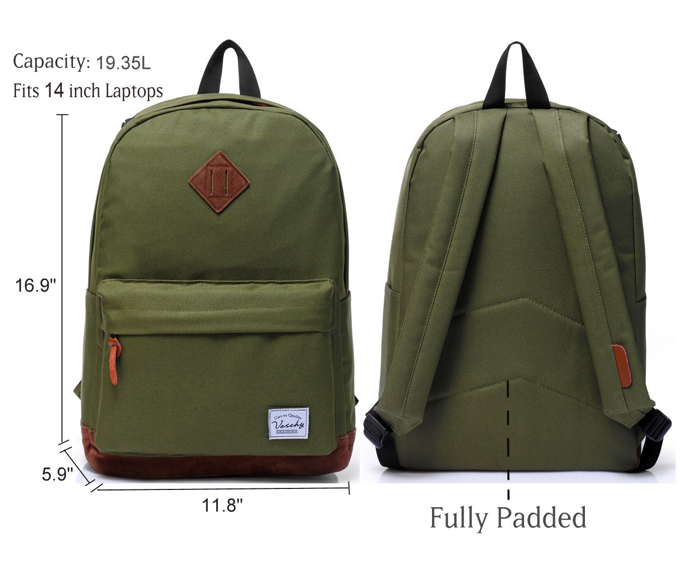 VASCHY Unisex Classic Lightweight Water-resistant Campus School Rucksack Travel BackPack Green Fits 15.6Inch Laptop