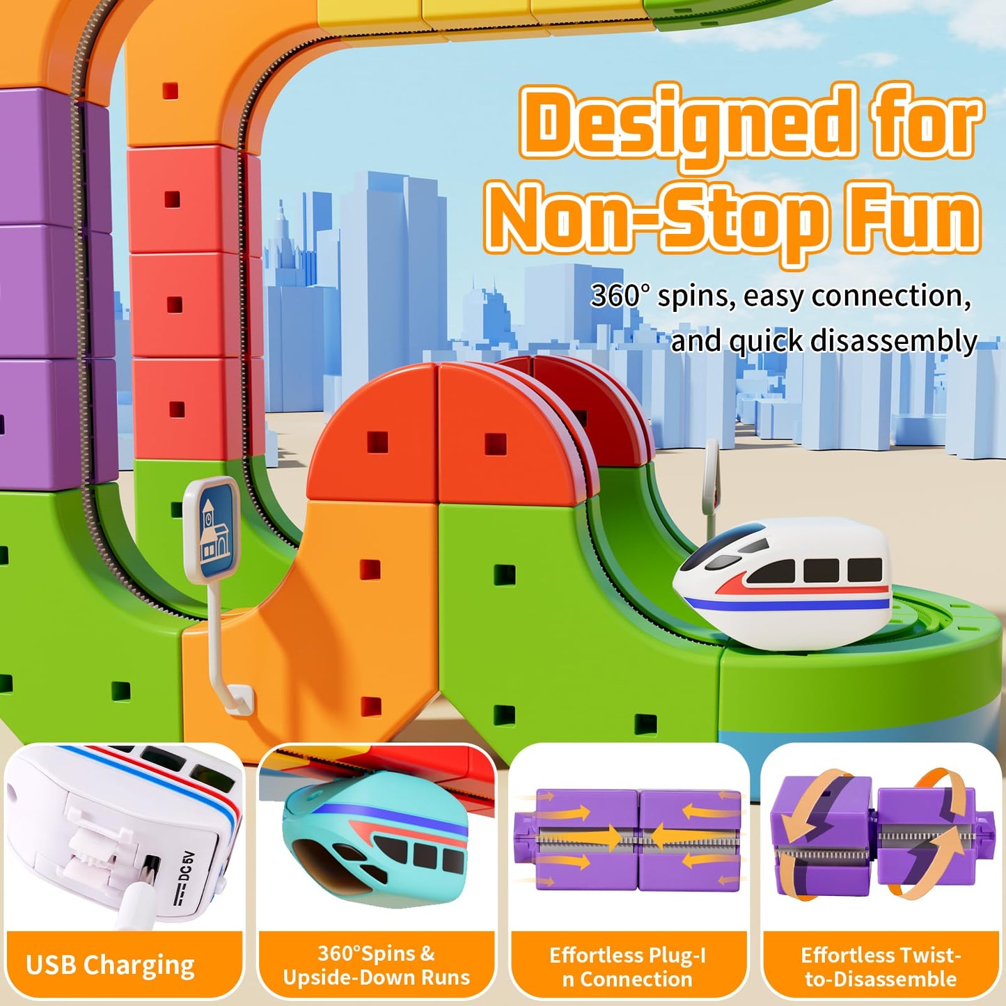KlickRail Electric Train Set Flexible Race Track for 3 4 5 6 7 8 years old boys and girls, Building Toy Train Track Gravity-Defying 3D Embedded Layouts & Motorized Car, STEM Gif(Advanced Set(48 Piece)