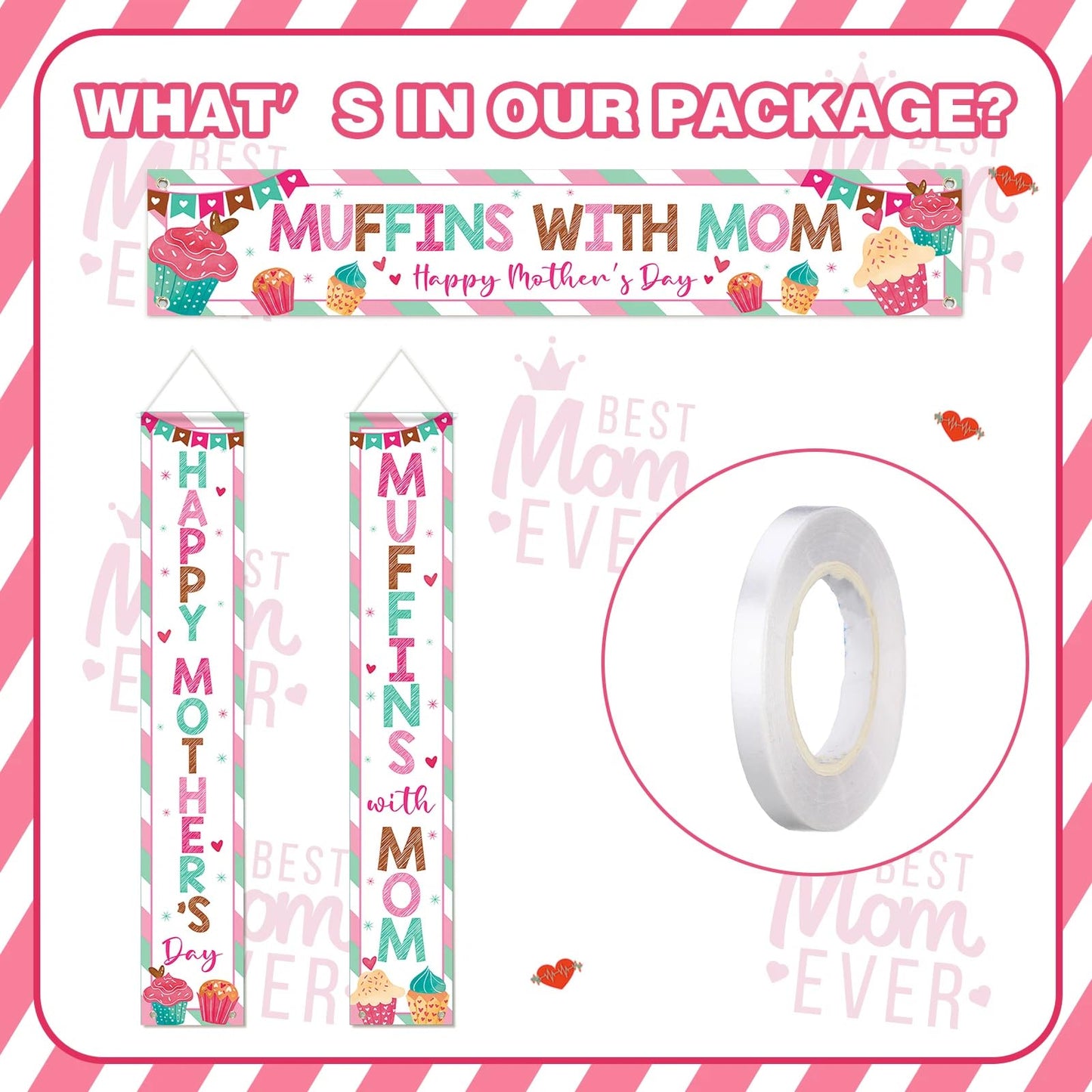 Fanfanwin 3 Pcs Happy Mother's Day Banner Muffins with Mom Decoration Mothers Day Banner Cake Love Mom Thank You Mama Party Supplies for Women Mama Wife Photo Booth Studio Props