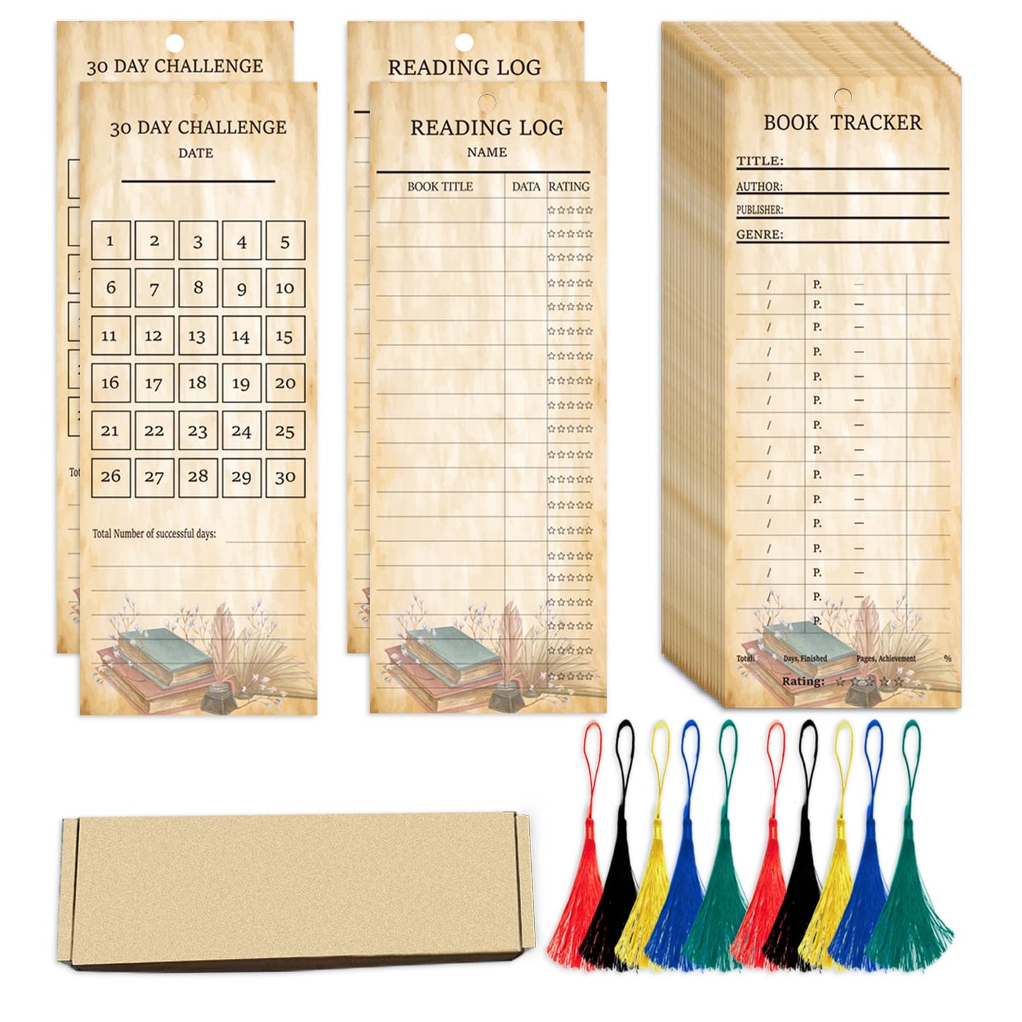 Book Tracker Bookmark Reading Log Journal 30-Day Habit Record Cardstock, 30PCS Cards with Tassel Creative Reading Accessories for Book Lover Reader Student Teacher