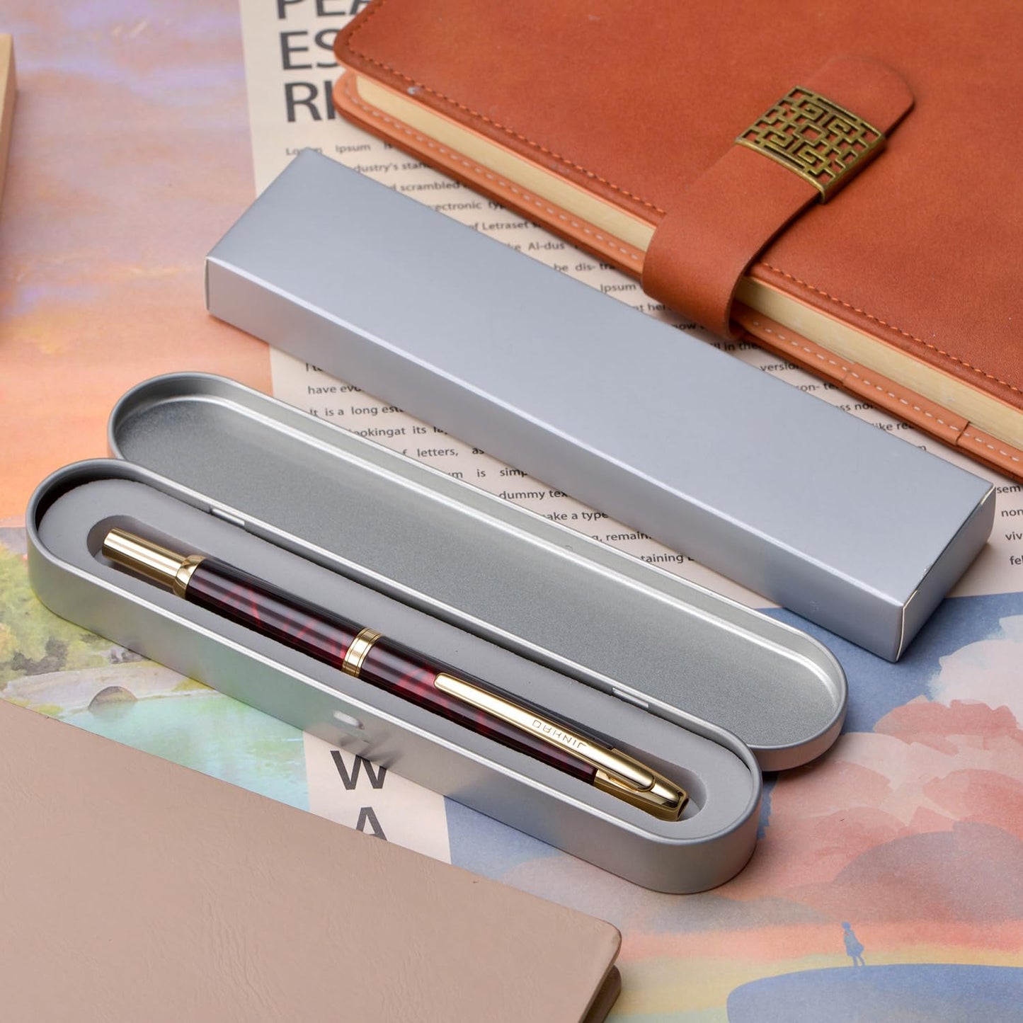 Jinhao 10 Press Fountain Pen with Box, Marble Red Retractable Extra Fine Nib with Ink Converter Set (Golden Clip)