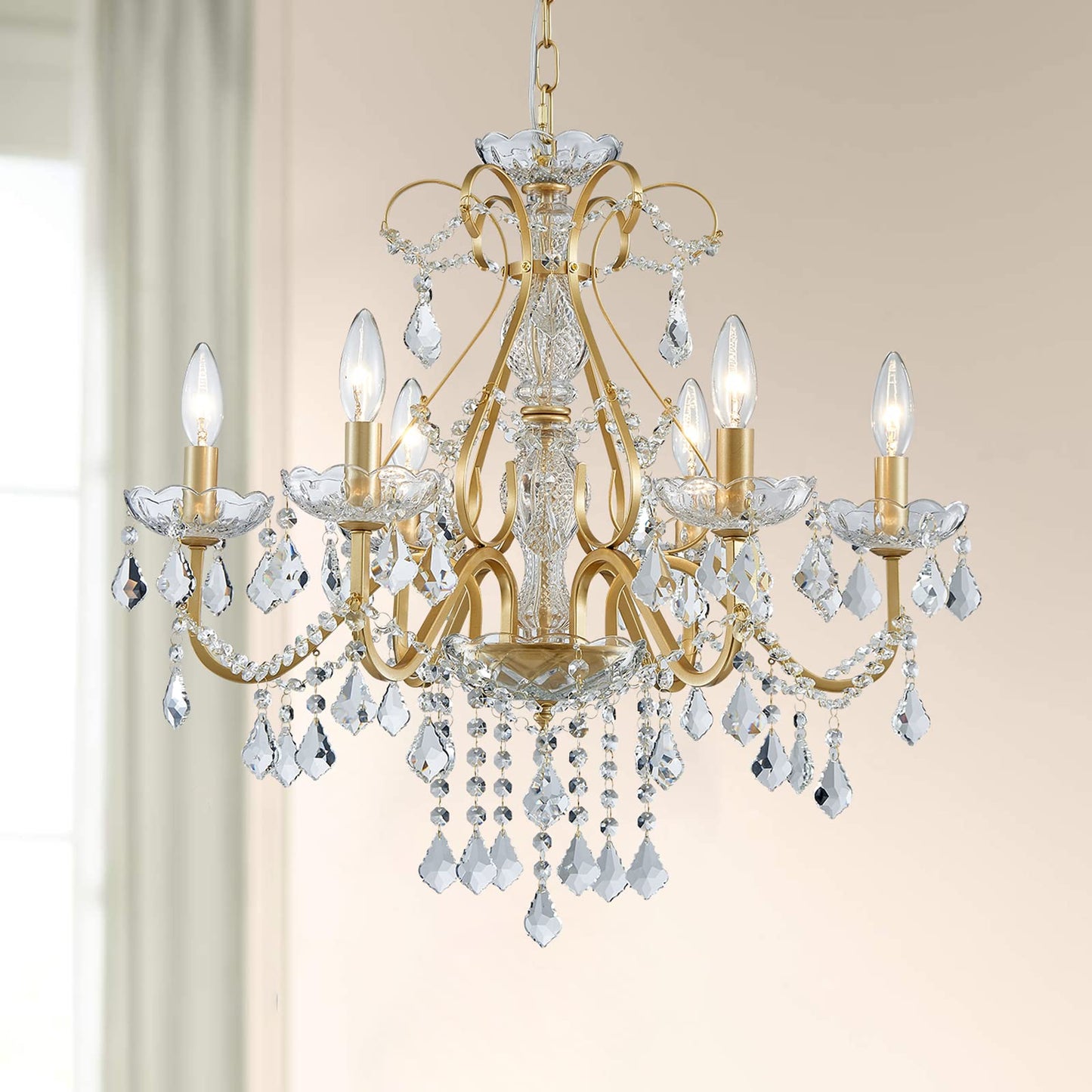 Bestier Gold Vintage Candle Chandelier Lighting Fixture for Dining Room, 6 E12 Bulbs Required, D24in x H26in