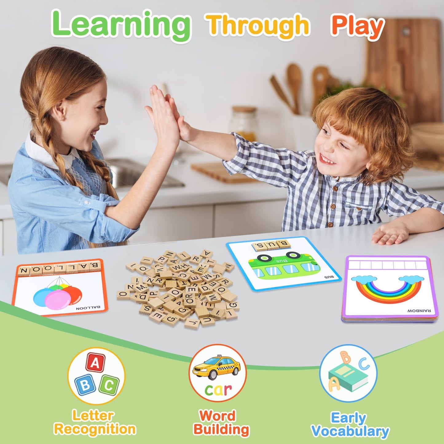 Humerry Spelling Game for Kids Ages 3-8, Word Building & Sight Word Games, Phonics Learning Toy with 100 Wooden Letter Tiles & 30 Double-Sided Flashcards, Preschool Kindergarten Early Reading Game