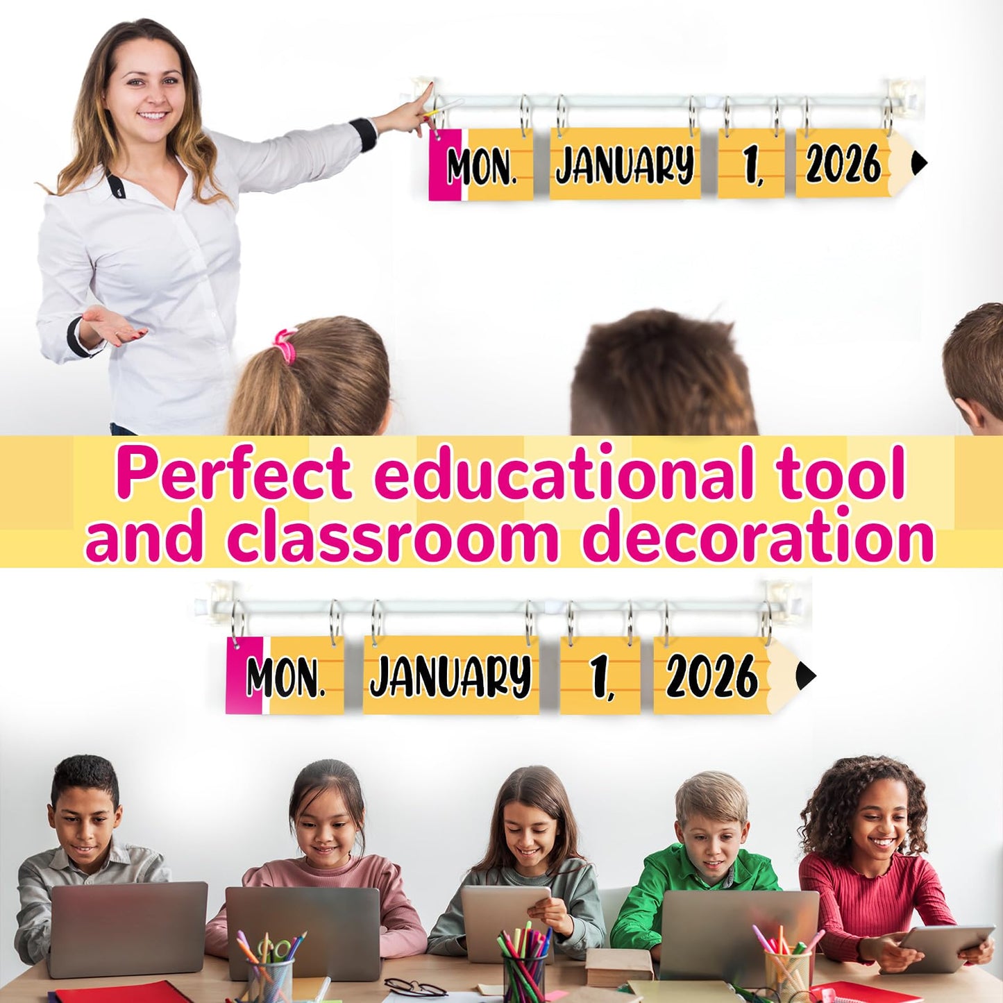 Pencil Flip Calendar Bulletin Board Set Pencil Calendar for Classroom Whiteboard Decor with 2026 to 2030 Years Date Cards and Adjustable Rod for Home Elementary Back to School Teacher Supplies