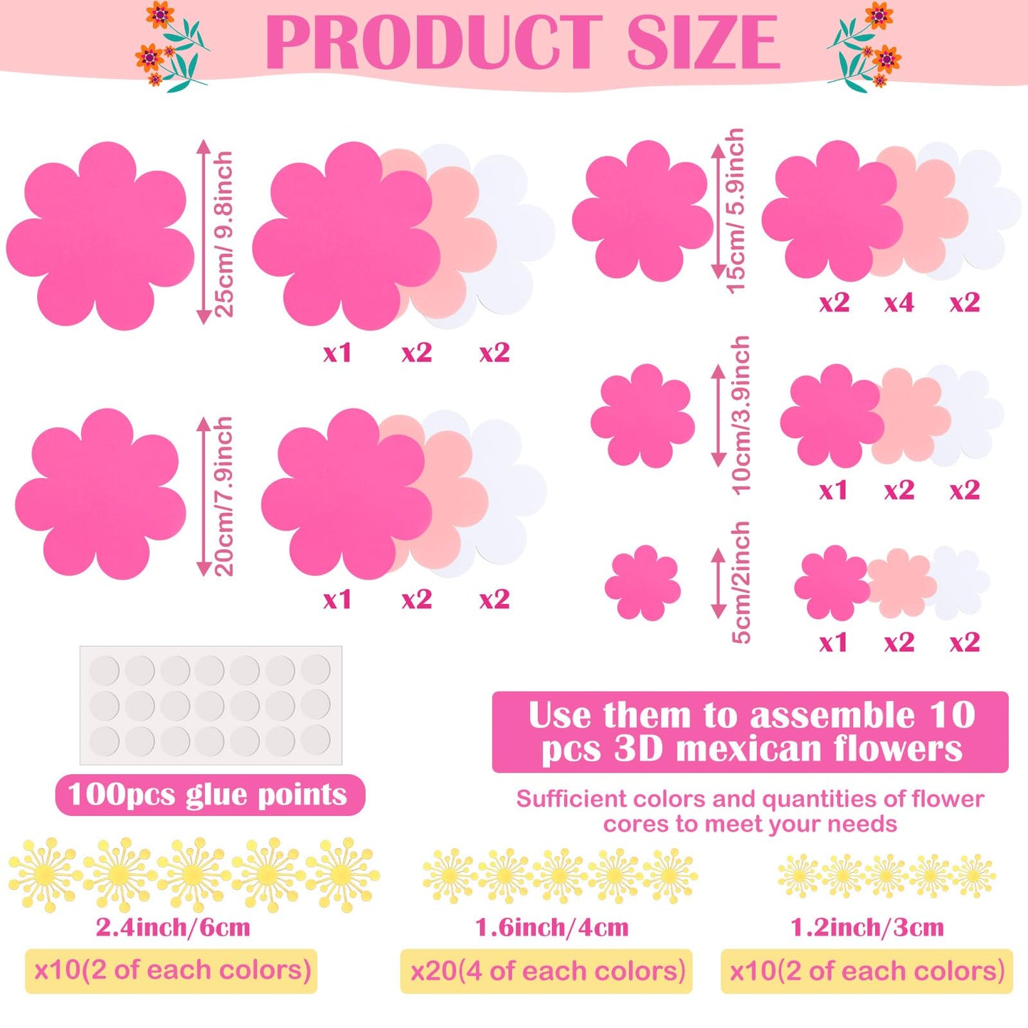 Mooliwe Paper Flowers Decorations for Wall DIY 3D Paper Bulletin Board Mexican Flowers Backdrop Decoration for Classroom Back to School Holiday Party(Pink White,10 Set)