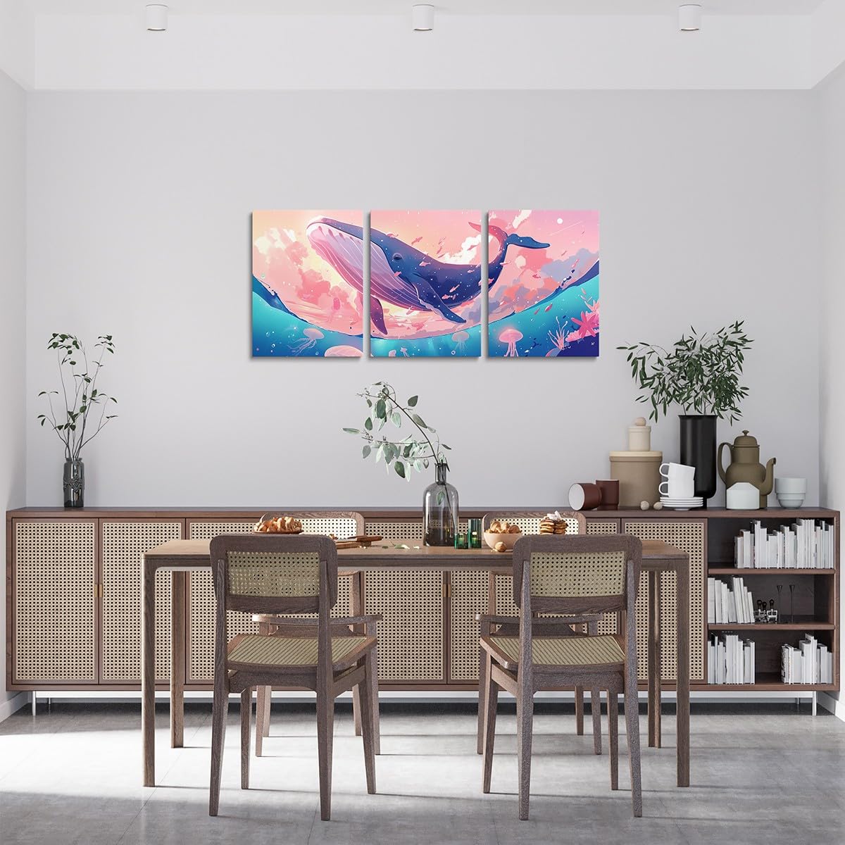 Feelyou Pretty Whale 3 Piece Canvas Wall Art for Living Room Bedroom Jellyfish Wall Art for Home Decor Ocean Animal Office Wall Decor Dreamy Pink Sky Wall Painting