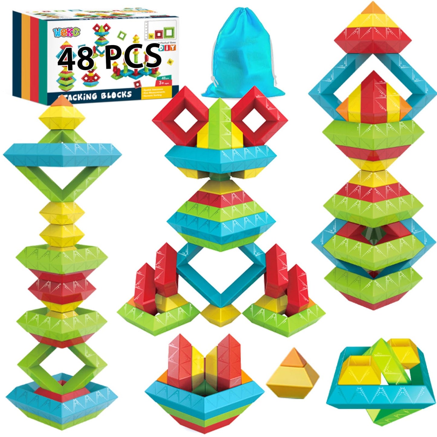 WSKC 48 PCS Building Block Stacking Toys Kids 3 4 5 6 Year Old, Educational STEM Toys for Boys Girls, Developmental Learning Sensory Gifts for Birthdays