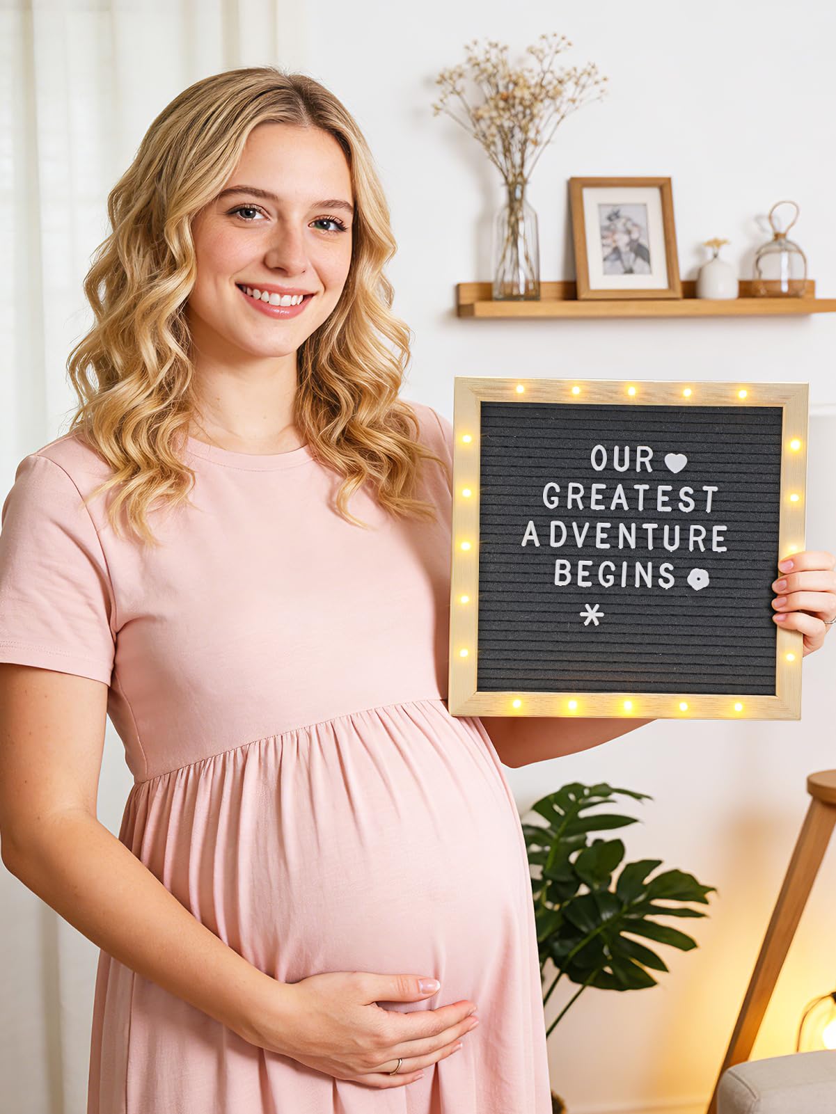 Felt Letter Board with LED Lights - 10 ×10" Custom Message Board with Changeable Letters & Stand, First Day of School Sign/Graduation/Pregnancy/Baby Announcement/Wedding/Classroom Decor, Grey