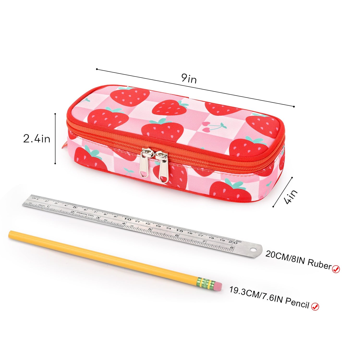 mibasies Girls Pencil Case for Kids, Multi-Slot Pencil Pouch, Strawberry Checkerboard Red