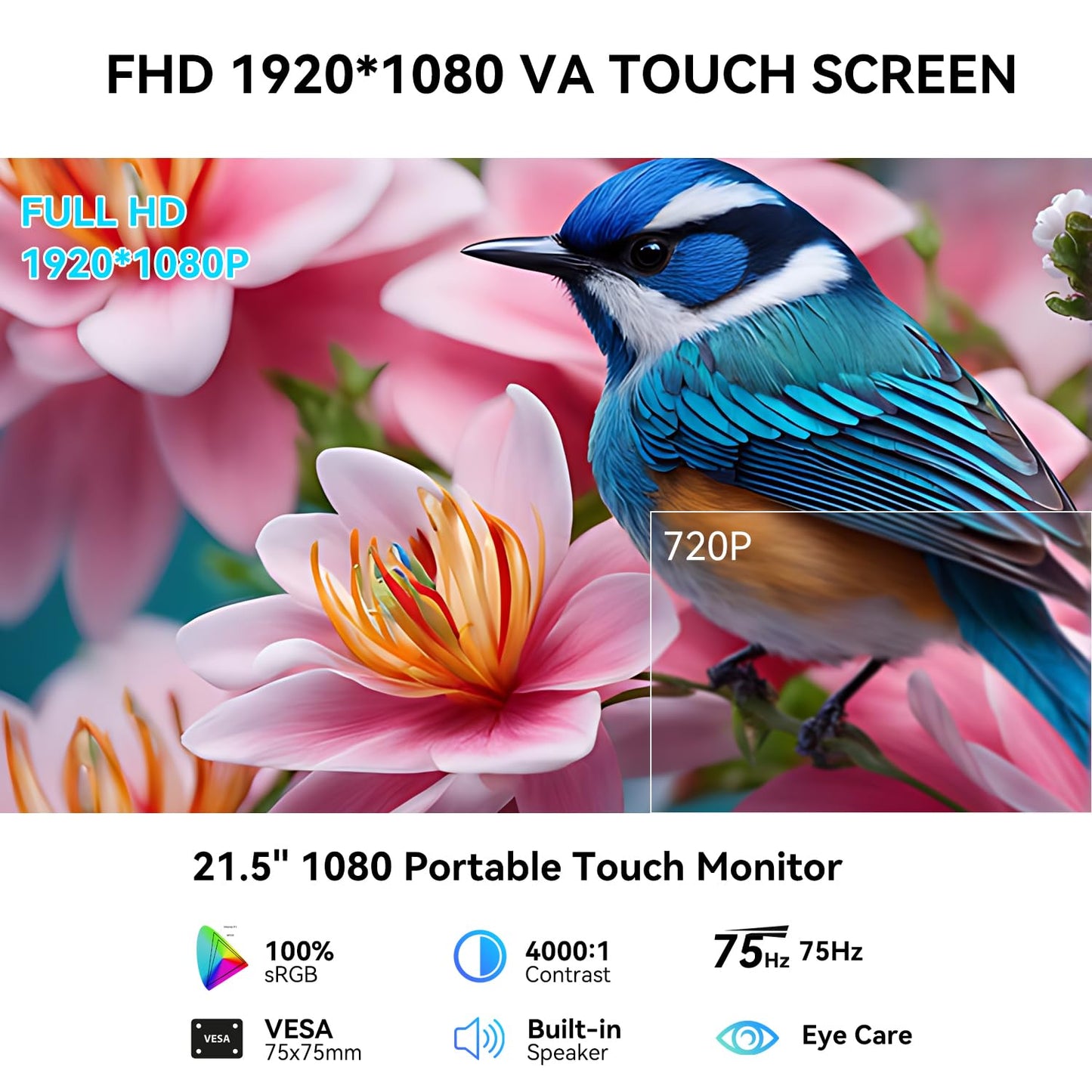 Prechen 21.5 Inch Portable Touchscreen Monitor, 1080P Computer Touch Screen w/VESA Stand Touch PC Display, 75Hz, Multi-Touch Monitor, DC HDMI & USBC for Phones PC Phone Business,White