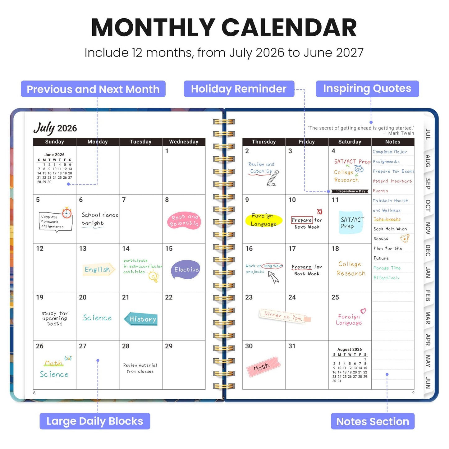 Academic Planner 2026-2027, Monthly and Weekly Calendar Planner, July 2026 - June 2027, Pretty Hardcover Teacher Student Planning Agenda Book with Tabs, Fit for School Office Supplies, 6.3" x 8.5", Stained Ship