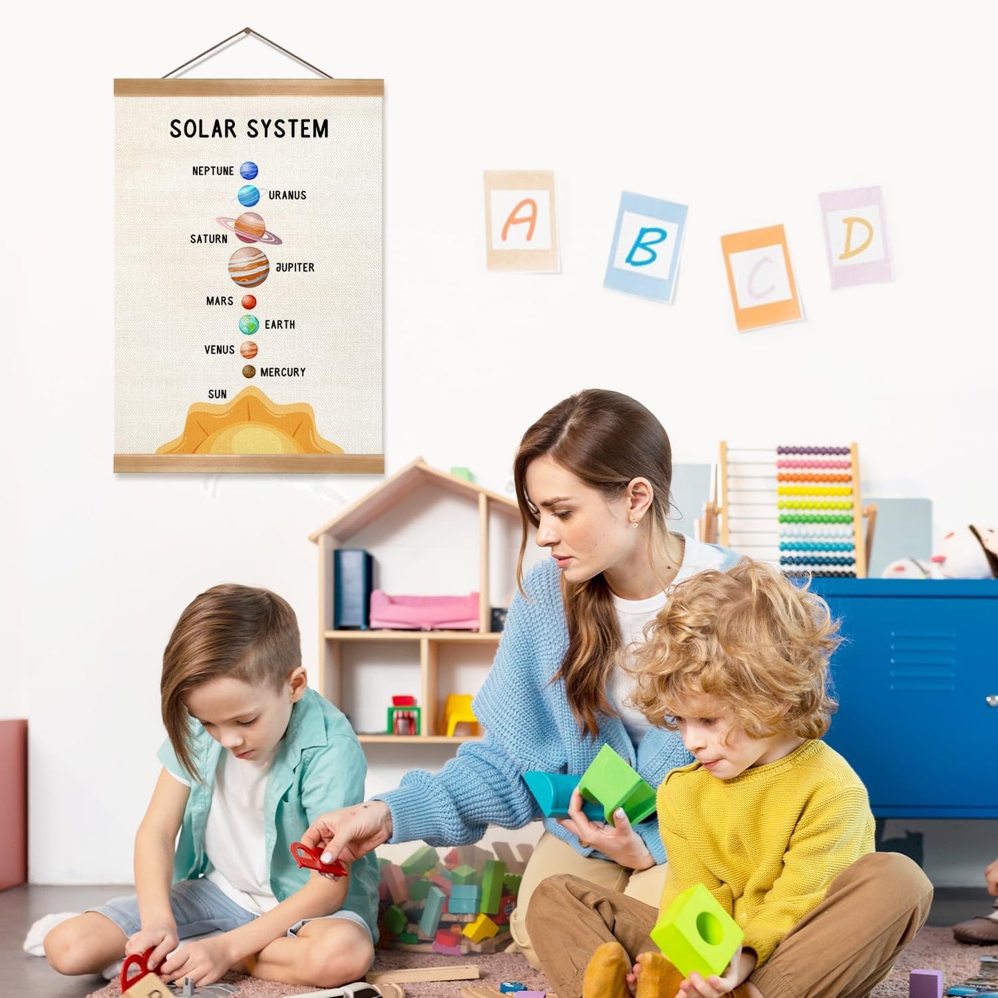ZTGDA Solar System Poster Wall Art, Solar System Wall Decor Wood Hanger, Space Classroom Decor, Outer Space Planets Poster for Boys and Girls Nursery, Bedroom, Playroom, Toddler,or Kids Room Decor