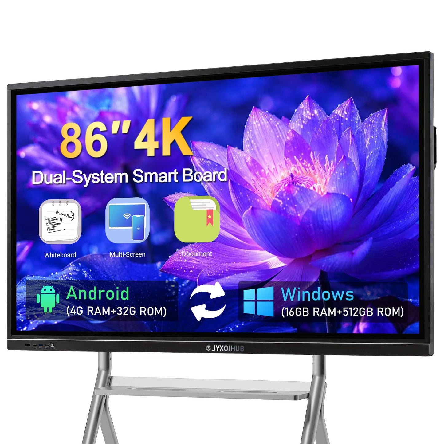 JYXOIHUB Interactive Whiteboard, 86inch Smart Board with 4K UHD Touch Screen Flat Panel, All in One Digital Electronic Whiteboard Built in Dual System for Conference