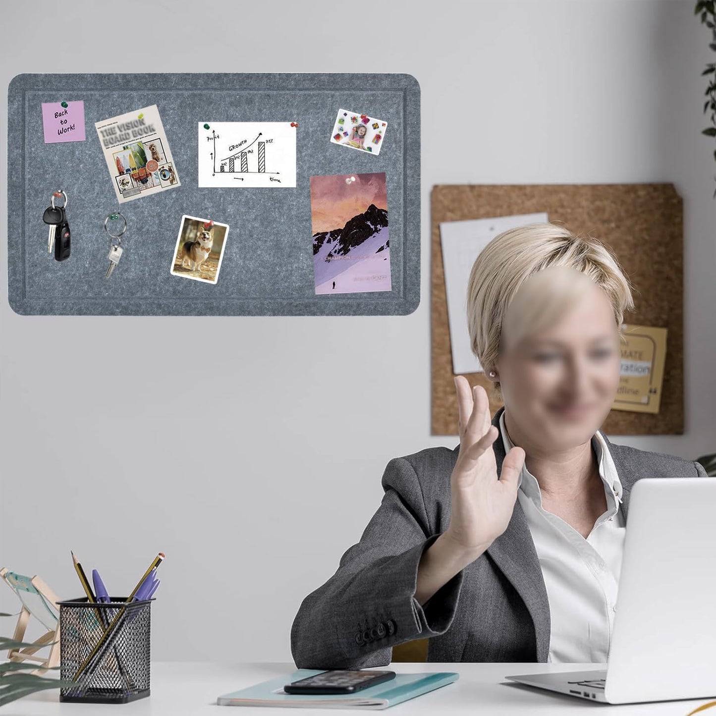Vuzvuv Dark Grey 28"x16" Large Cork Board with 50 Push Pins & Sticky Notes, Self-Adhesive Bulletin Board for Wall, Felt Pin Vision Board for Paste Notes,Schedules Offices Home