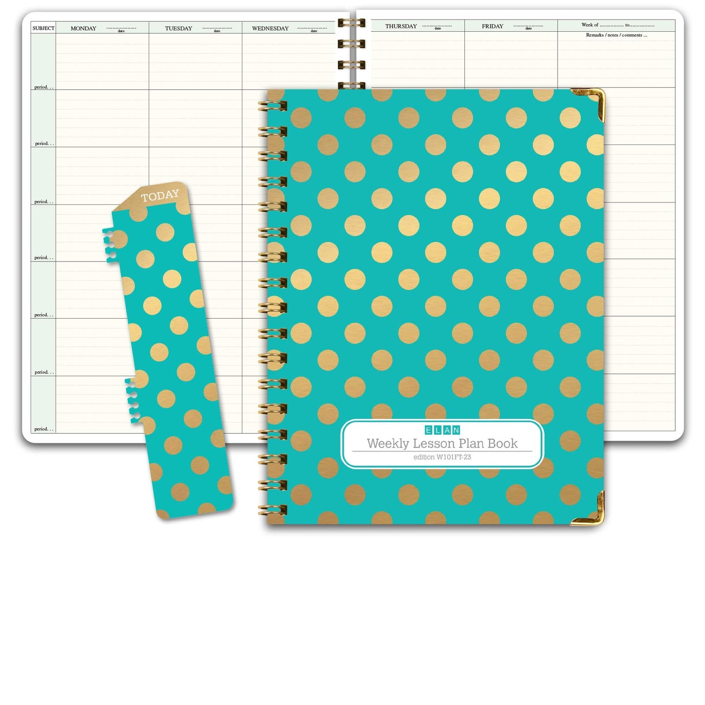 Elan Publishing Company HARDCOVER 7 Period Teacher Lesson Planner - Days Horizontally Across the Top with Bonus Clip-in Bookmark (Gold Dots Turquoise)