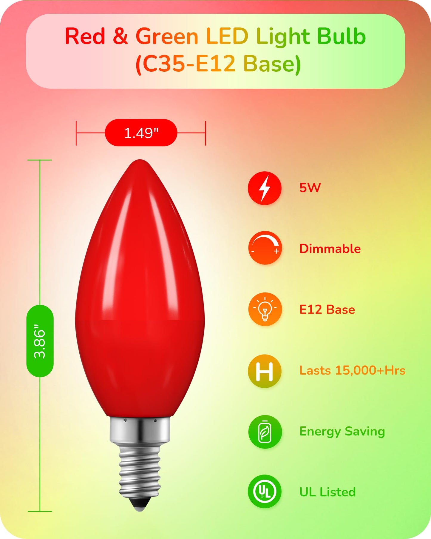 EDISHINE C35 Red Dimmable LED Light Bulbs, E12 Candelabra, 60W Equivalent, 6 Pack