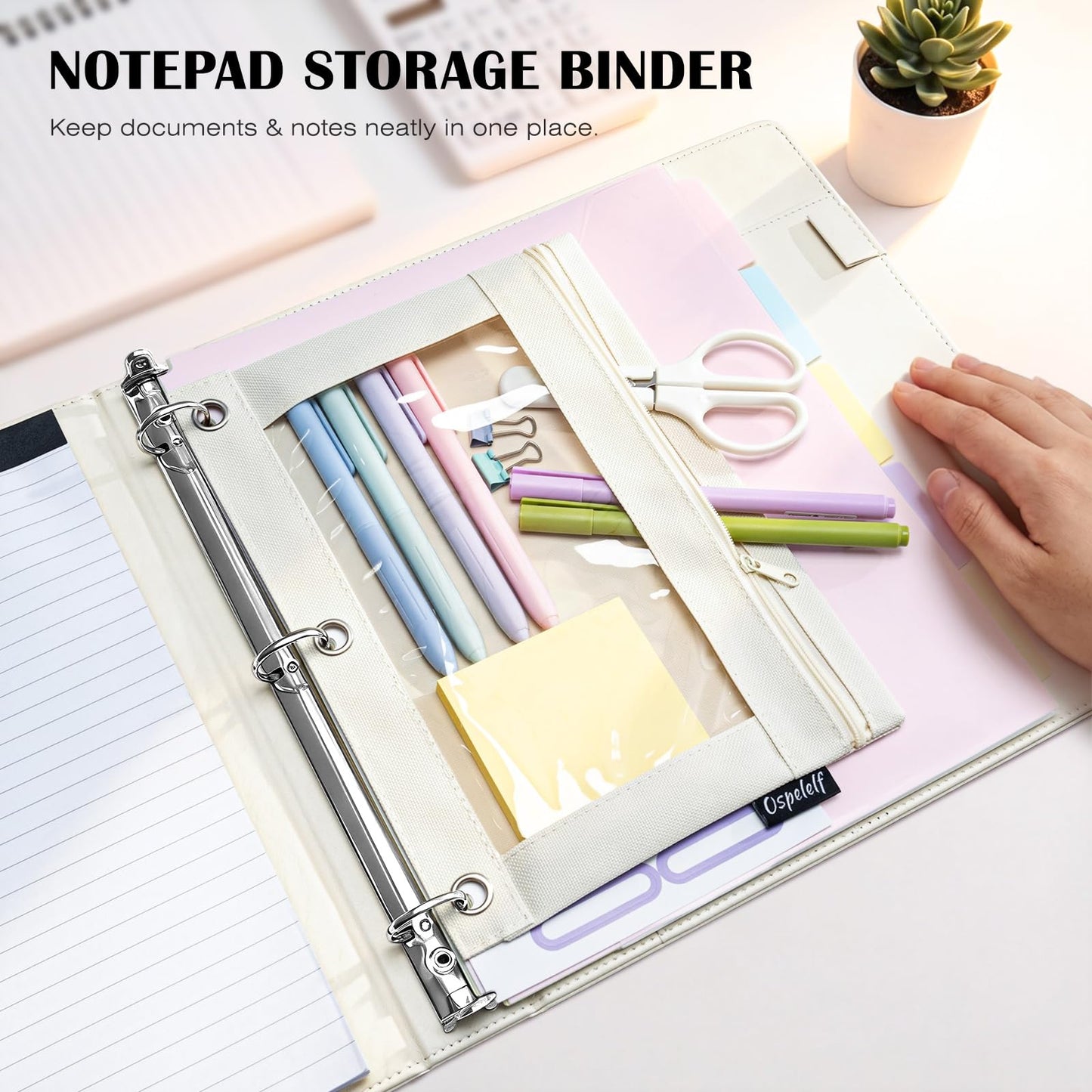 Ospelelf Leather 3 Ring Binder for Letter Size Documents with PVC Pocketed Dividers, Pencil Pouch & Notepad, 1 Inch Round Rings, Holds 175 Sheets, for Office School Home Organization, Flower White