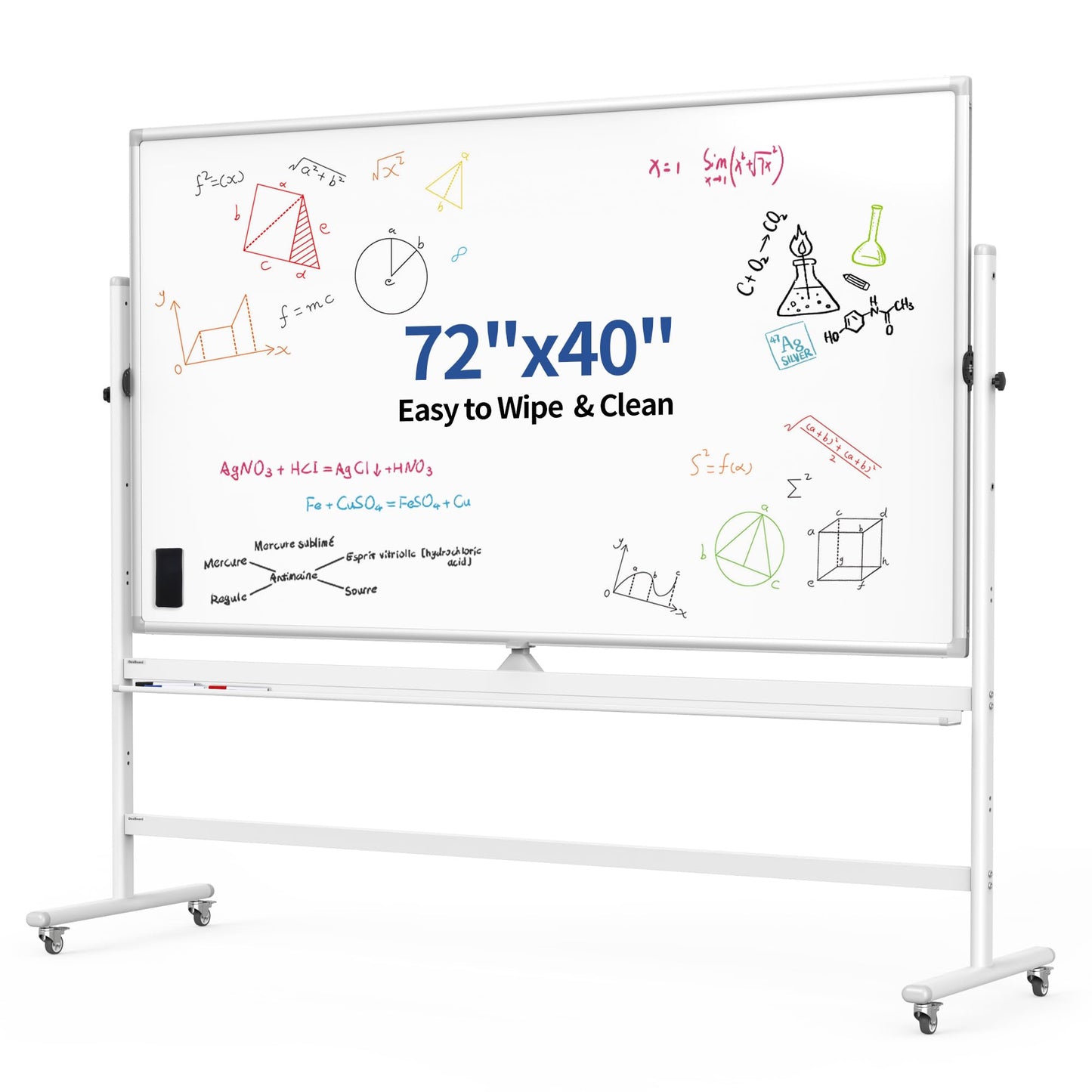 DexBoard Large Double Sided Whiteboard 72x40 inches on Wheels, Height Adjustable Mobile Magnetic Dry Erase Board with Rolling Stand for Office Meetings, Classroom Teaching, Home, Silver Frame