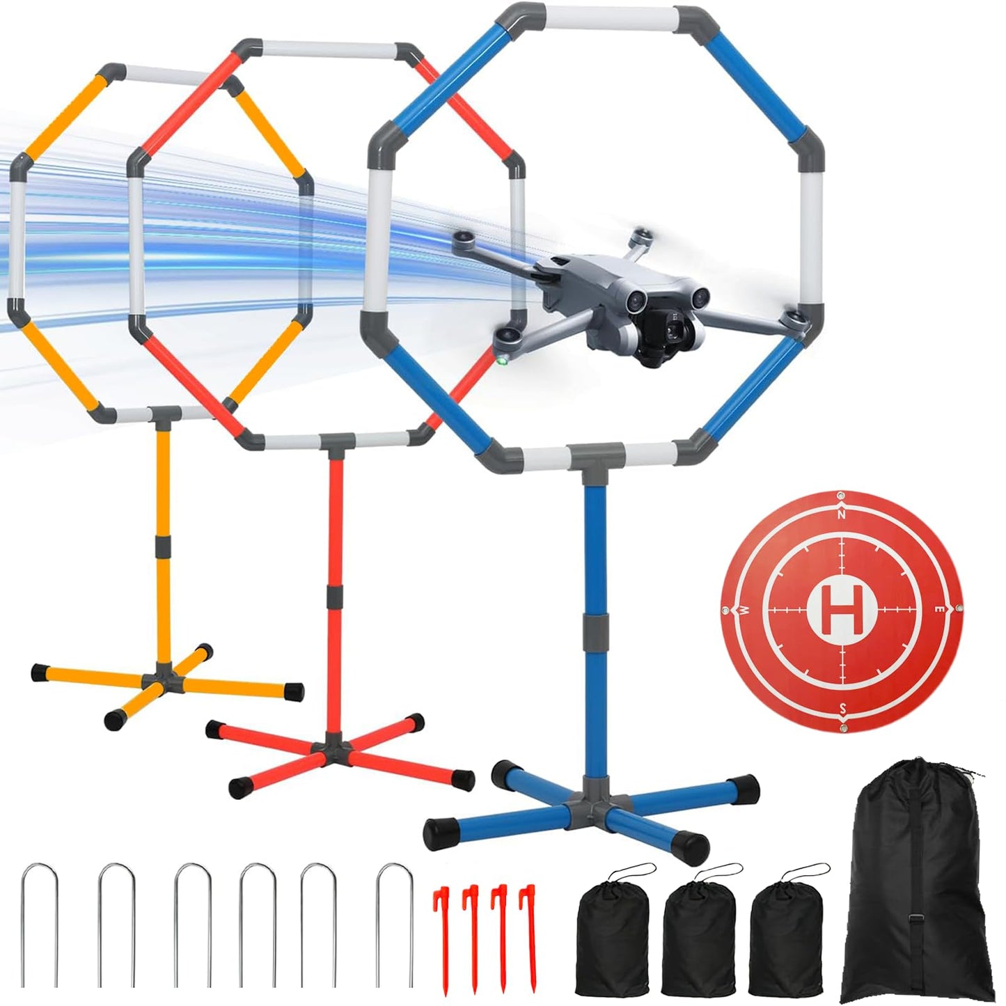 Drone Obstacle Course Kit with Drone Landing Pad, 3-Different Hoop Sizes for FPV RC Racing Game Loop Gates, Easy to Build & Carry Competition Set with Separate Storage Bag,for Kids & Adults