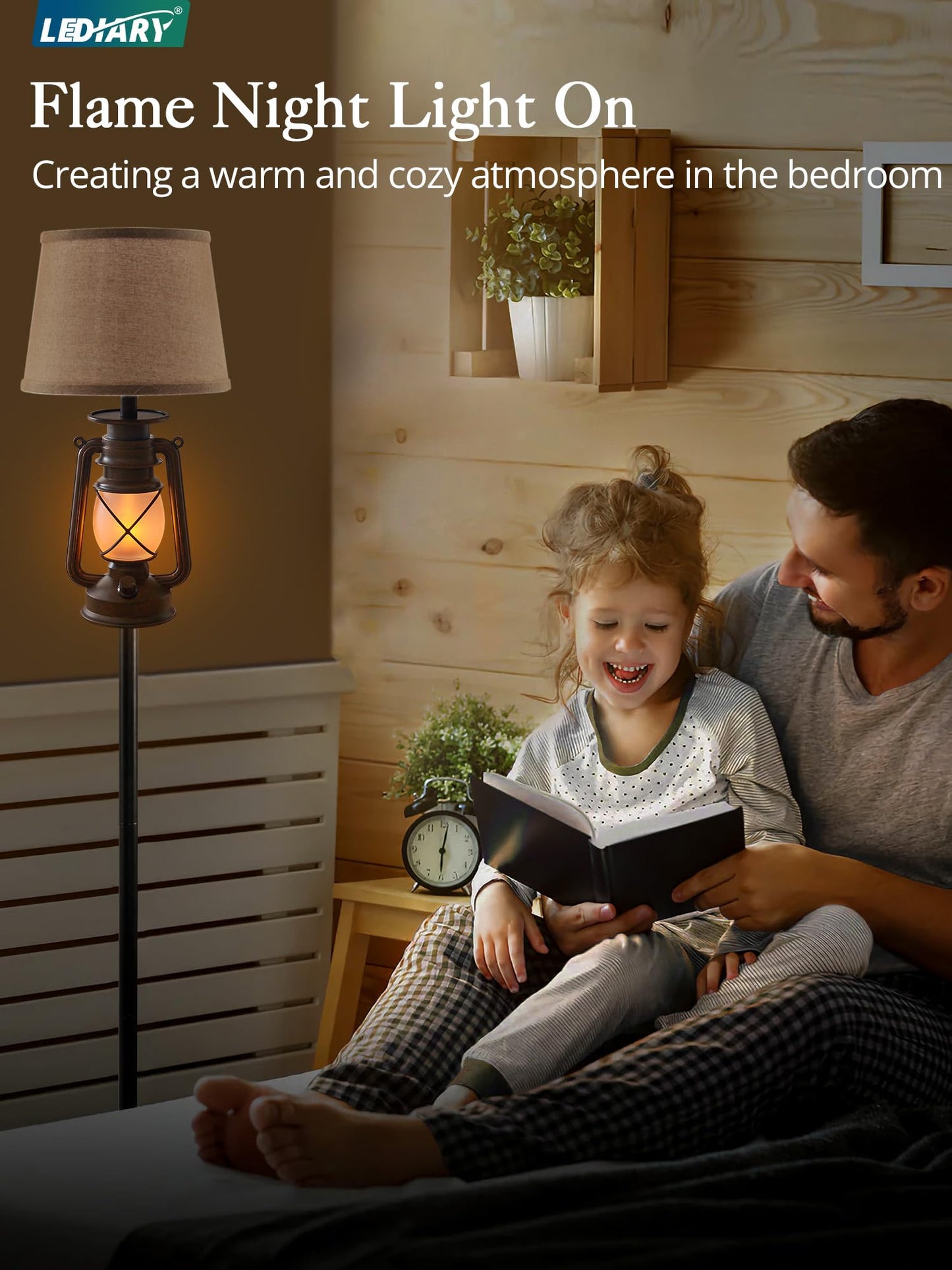 LEDIARY LED Flashing Flame Lantern Floor Lamp, Rustic Bronze, Beige Linen Shade, Ideal for Living Room and Bedroom Decor