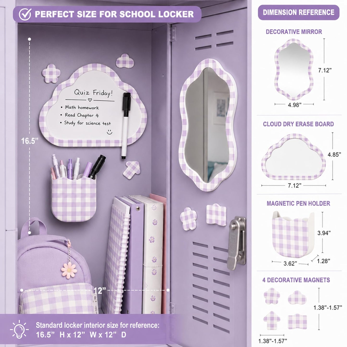 Svartur Magnetic Locker Accessories Set - Locker Mirror, Dry Erase Whiteboard, Magnetic Pen Holder & Cute Magnets, Aesthetic School Locker Decor for Girls, Locker Organizer Kit, Purple