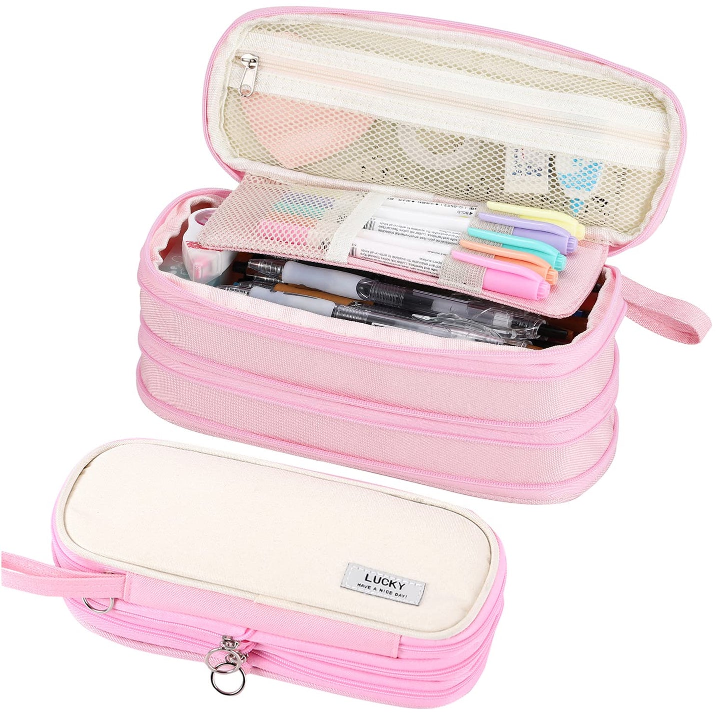 Tergopa Big Pencil Case Zipper Pencil Pouch Organizer Large Capacity Pen Bag with Handle Portable for Girls Kids Adults Gift Pen Case for School Home Office Light-pink