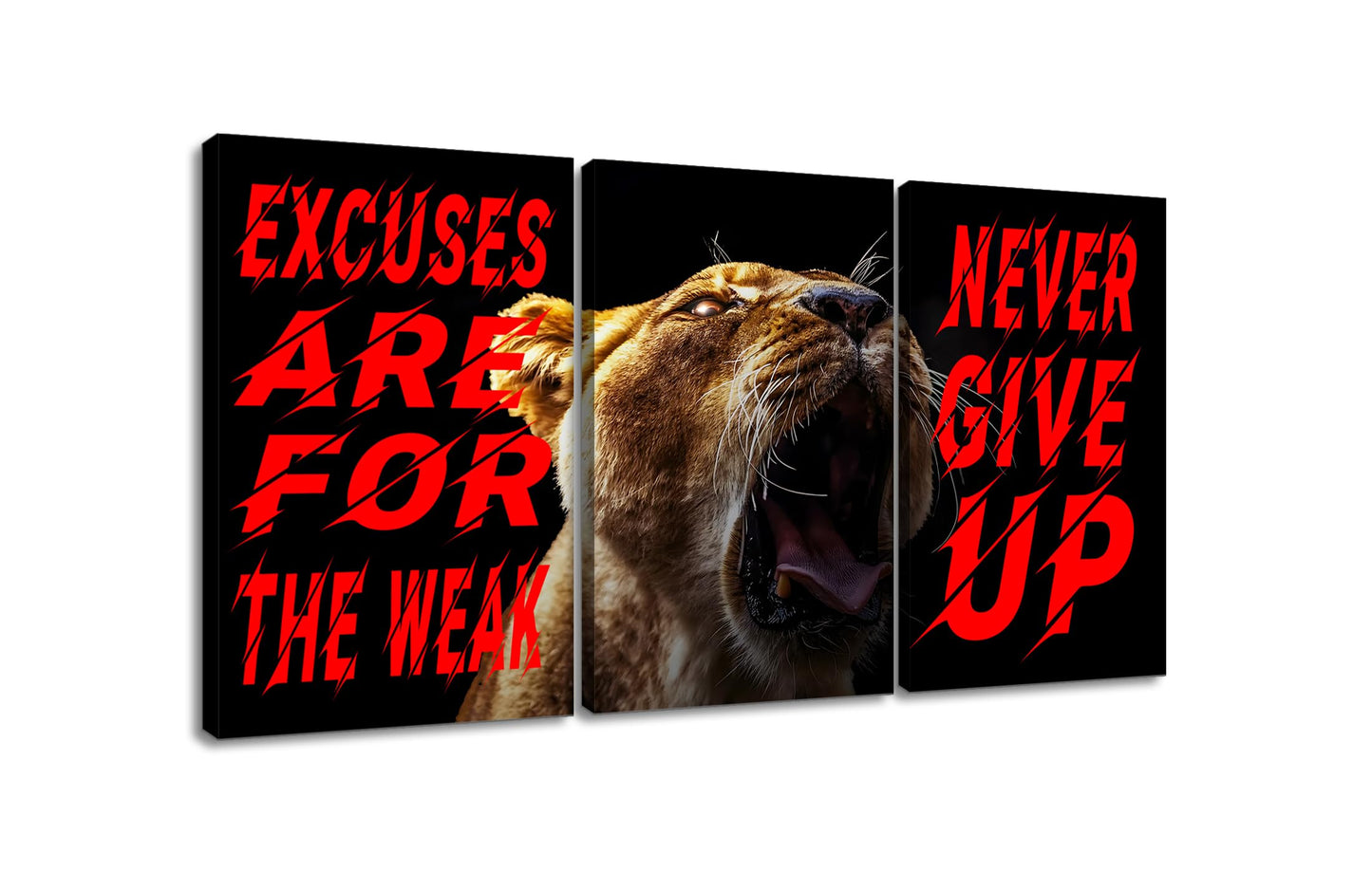 YSPCSUN Triptych Wall Decor Inspirational Posters for Office, Roaring Lion Excuses Quote 3 Panel Canvas Prints for Home Office Dorm Gym Room, 48x24 Inch Display Print Decor