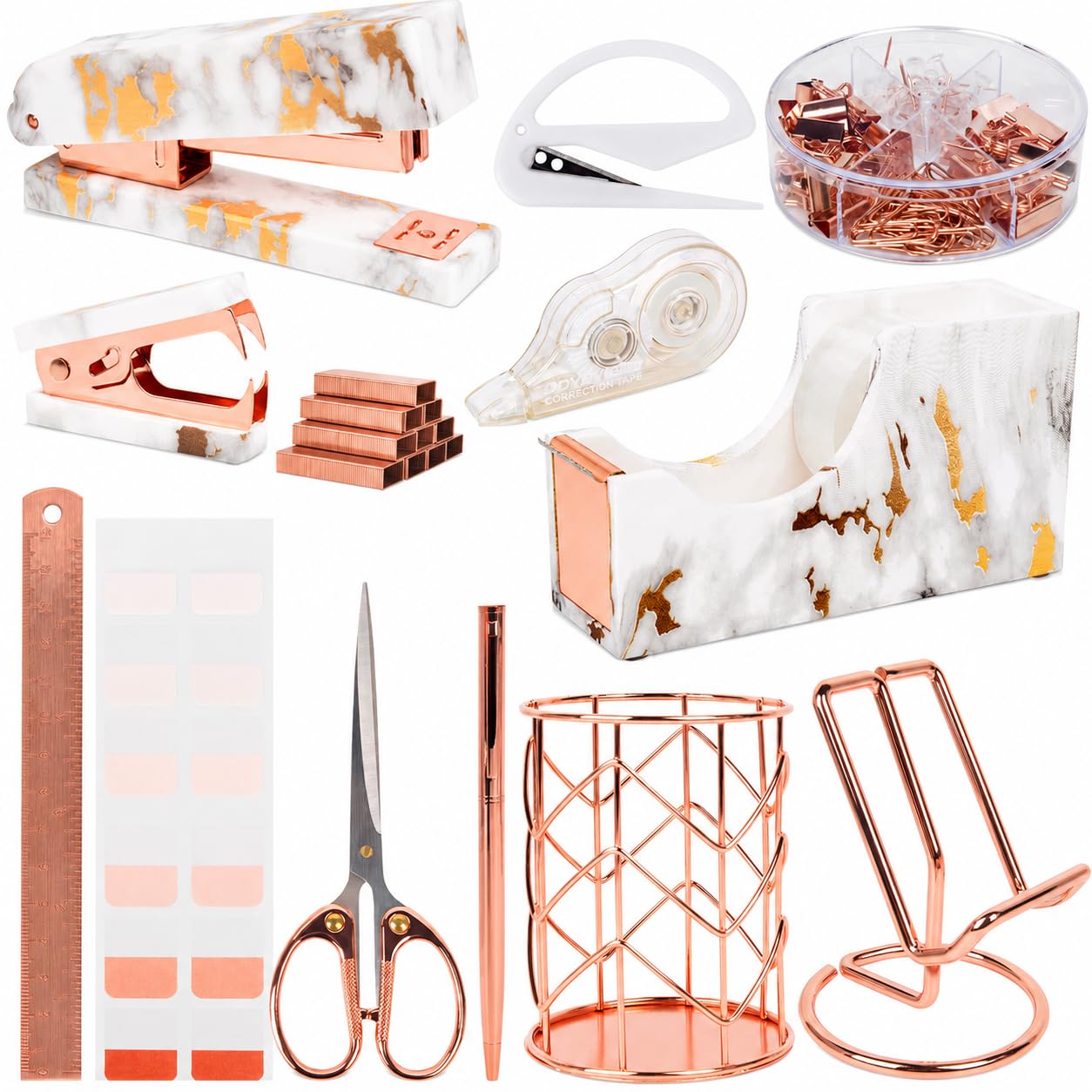 Office Desk Accessories Supplies - 14 Pcs Women Rose Gold Marble Desk Decor Set, Cute Aesthetic Office Essentials Kit, Stapler Tape Dispenser Pen Organizer, Acrylic Mini Teacher Stuff for School Home