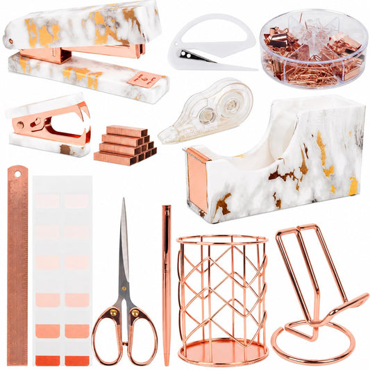Office Desk Accessories Supplies - 14 Pcs Women Rose Gold Marble Desk Decor Set, Cute Aesthetic Office Essentials Kit, Stapler Tape Dispenser Pen Organizer, Acrylic Mini Teacher Stuff for School Home