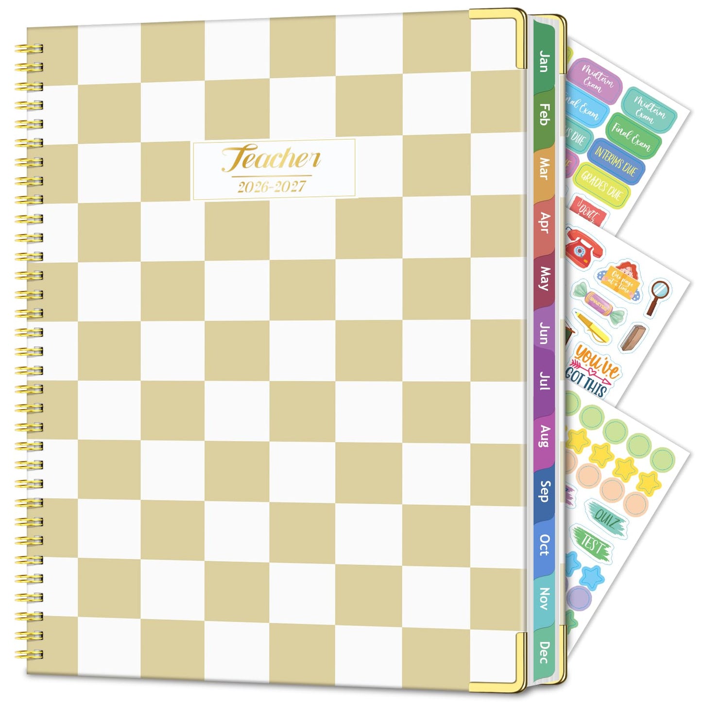 Teacher Planner 2026-2027, Jul 2026-Jun 2027 Academic Year, 8.5" x 11" Lesson Planner Book for Teacher Calendar, Spiral Bound Planners, Planning Stickers, Colorful Monthly Tabs, YellowCheckered