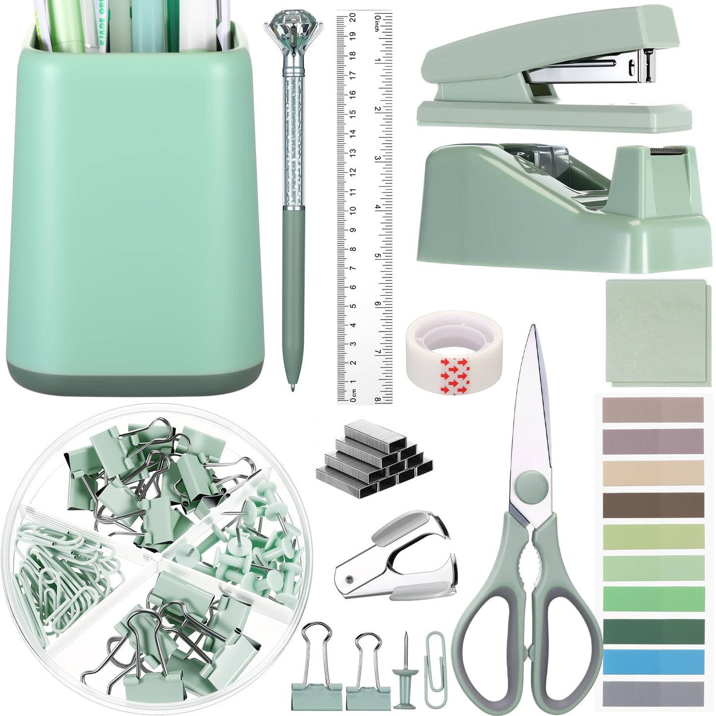 Marspark 12 Pcs Sage Green Office Supplies Desk Accessories Set Pen Holder Tape Dispenser Stapler Staple Remover Staples Tape Ruler Scissor Pen Sticky Note Index Tab Clips Set for Office School Home