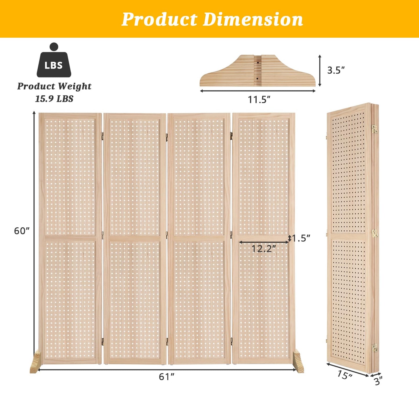 Bonnlo 4 Panel Pegboard Freestanding, 5 FT Portable Display Board Organizer for Craft Show Jewelry, Wooden Folding Privacy Screen Room Divider (with Base, Natural)