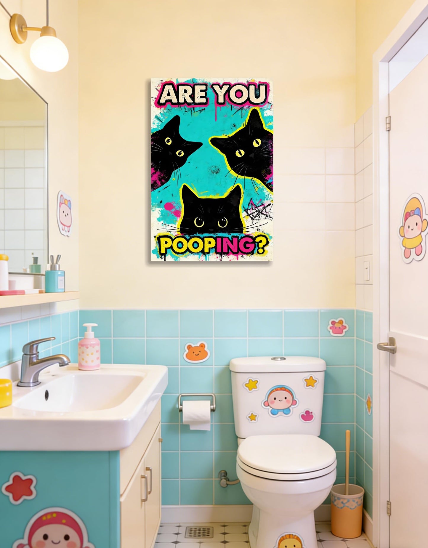 DUFIPOR Funny Black Cat Bathroom Wall Art, Are You Pooping? Graffiti Pop Art Canvas Prints, 16x24 Inch Humorous Bathroom Decor for Washroom Restroom, Trendy Cat Lover Gifts for Bathroom Wall Decor