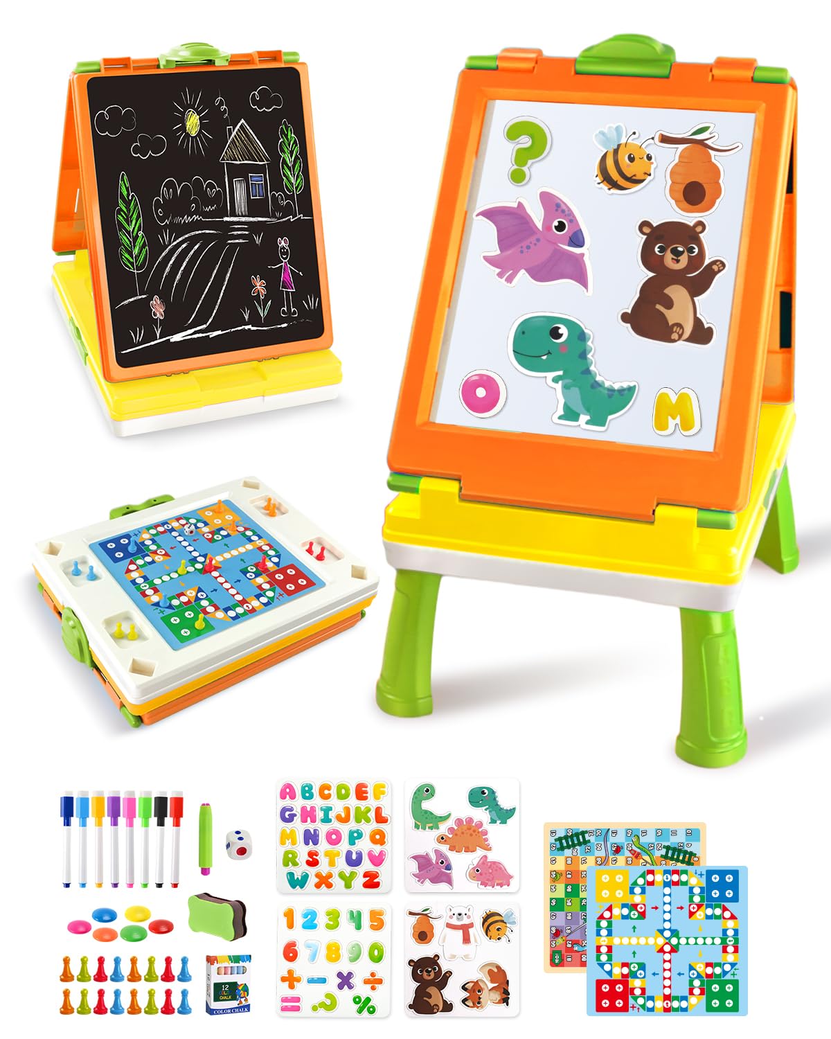 Elovien Easel for Kids, 4 in 1 Double Sided Toddler Art Easel with Chalkboard & Magnetic Whiteboard, Foldable Tabletop Easel with Drawing & Writing Accessories - Educational Gift for Boy Girl (Orange)