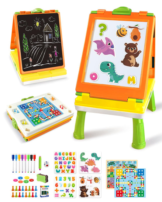 Elovien Easel for Kids, 4 in 1 Double Sided Toddler Art Easel with Chalkboard & Magnetic Whiteboard, Foldable Tabletop Easel with Drawing & Writing Accessories - Educational Gift for Boy Girl (Orange)