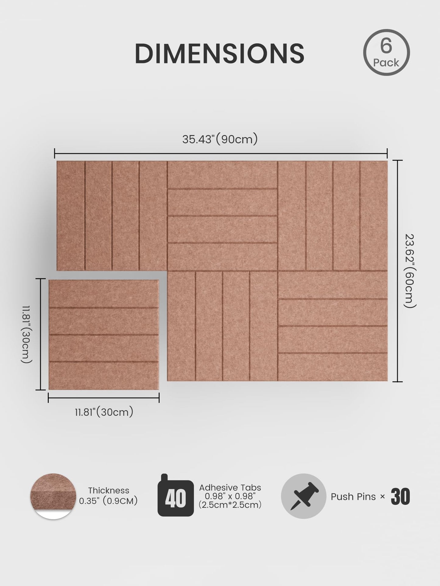 Bumusty Large Cork Board Alternative-36 x 24" Felt Bulletin Board Tiles, with 30 Pushpins, 40 Adhesive Tabs, Bold-Stripe 6-Pack, Cork Boards for Office Push Pin Board Felt Board-Terracotta