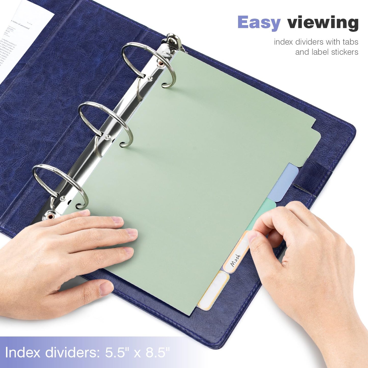 Ospelelf Leather Mini Binder Vintage Hardcover 2 Inch Rings, Professional Small 3 Ring Binders Organizer Suitable for 5.5" x 8.5" Documents, Binder Dividers with Tabs, Dark Blue
