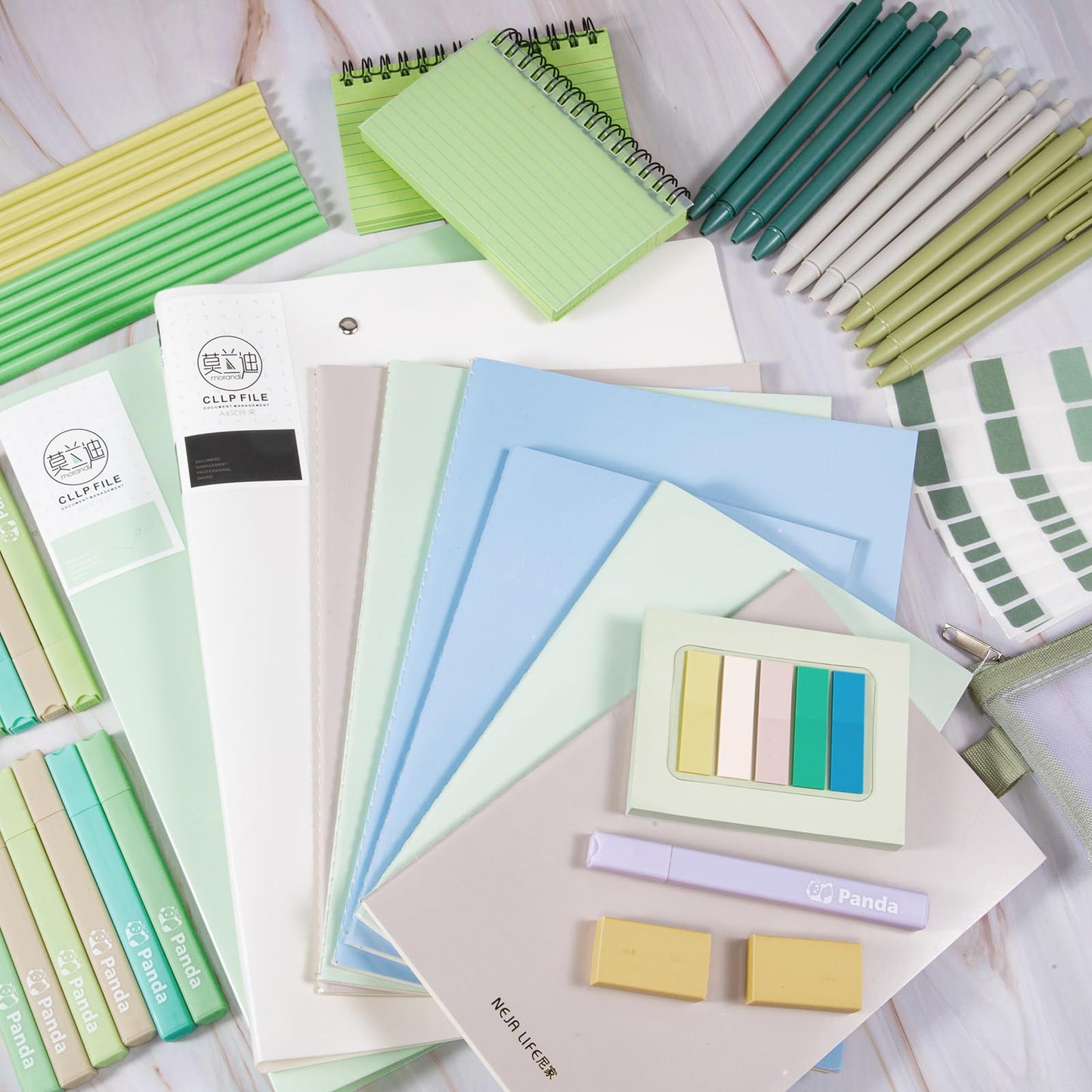 Colarr 54 Pcs Cute Notebook Stationery Set for Women, Bible Study Supplies, 6 Lined Notebooks, 36 Pens, Sticky Notes & Tabs, Bags & Folders for Work Journal Study College Office Supply(Green)