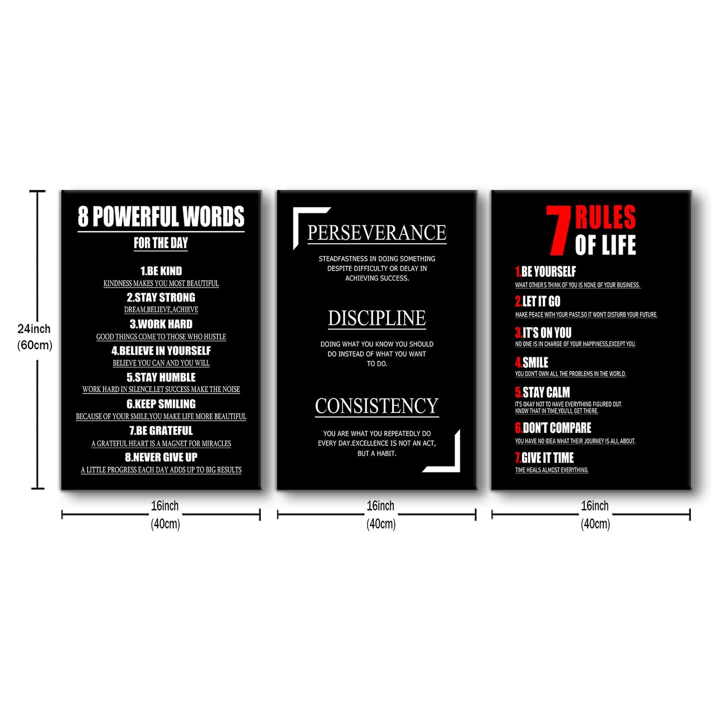 YSPCSUN Triptych Wall Decor Inspirational Posters for Office, Black White Perseverance Discipline Consistency 3 Panel Canvas Prints for Home Office Dorm, 48x24 Inch Display