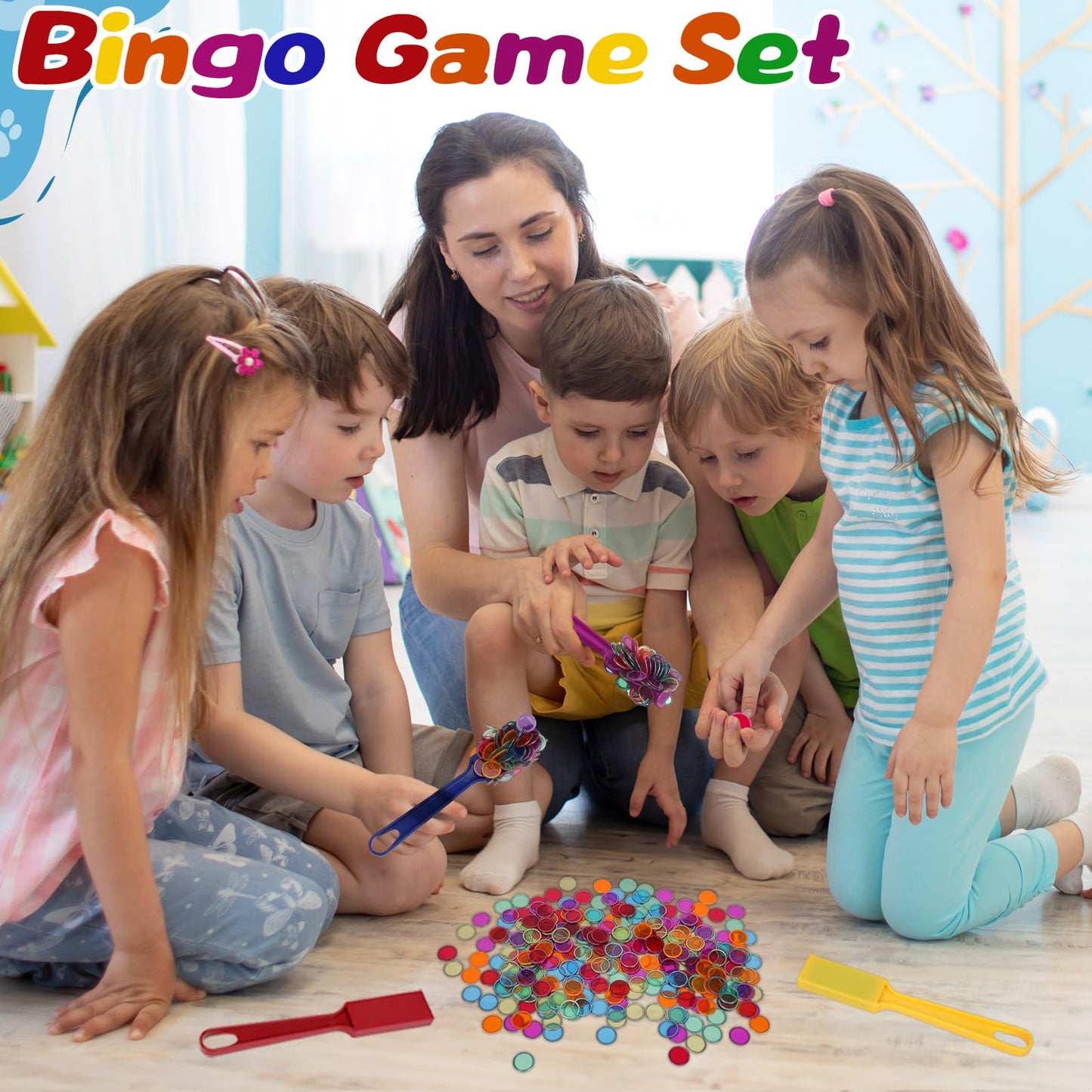 Coopay Magnetic Bingo Wand Chip and Game Card Set - 7 Pack Magnetic Wands, 350 Colorful Metal Chips, 70 Bingo Paper Cards for Kids Classroom Science Learning Counting Family Game Night Educational