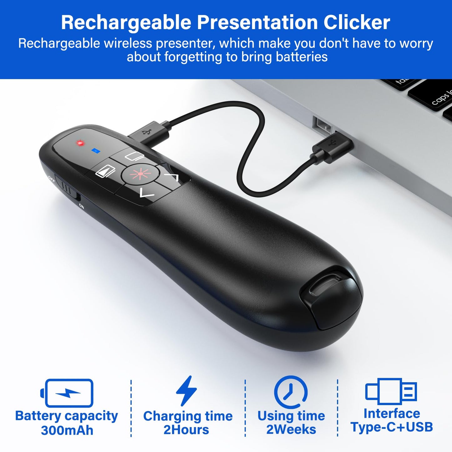 2-in-1 USB Type C Presentation Clicker, Clicker for PowerPoint Presentations, Rechargeable Wireless Presenter Remote, RF 2.4GHz USB PowerPoint Clicker Slide Advancer with Volume Control